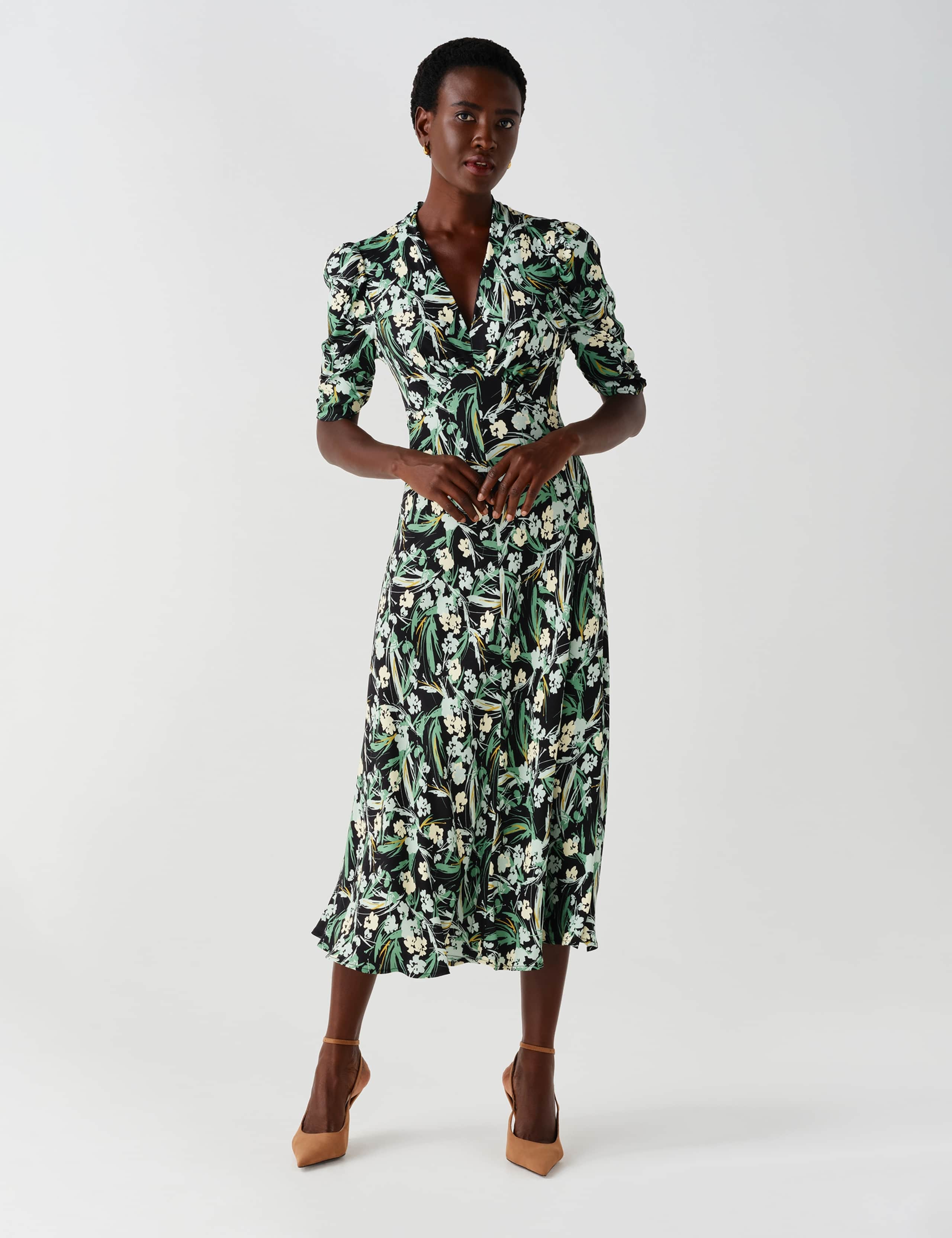 Crepe Floral V Neck Puff Sleeve Tea Dress 8 of 8