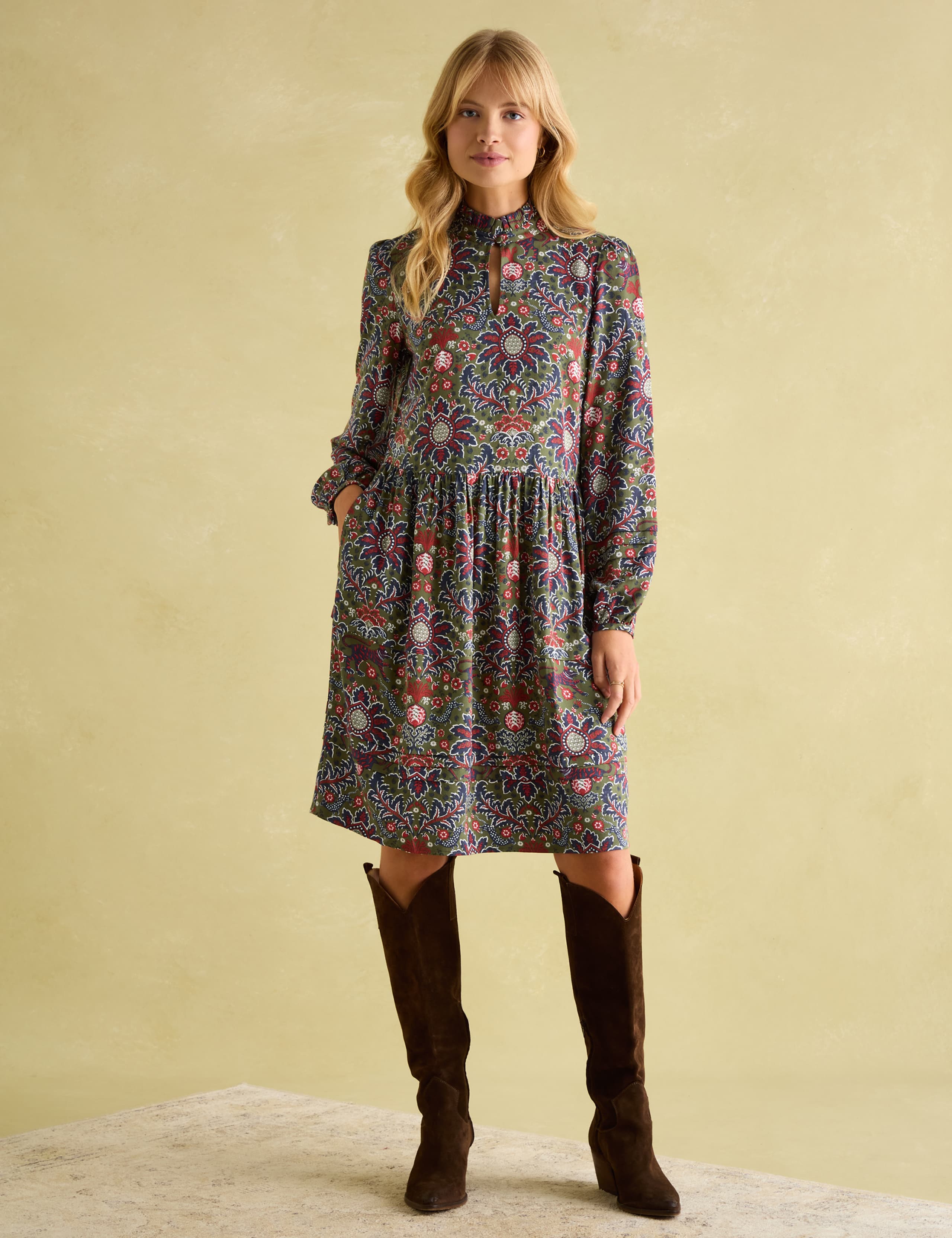 Floral High Neck Knee Length Waisted Dress 1 of 8