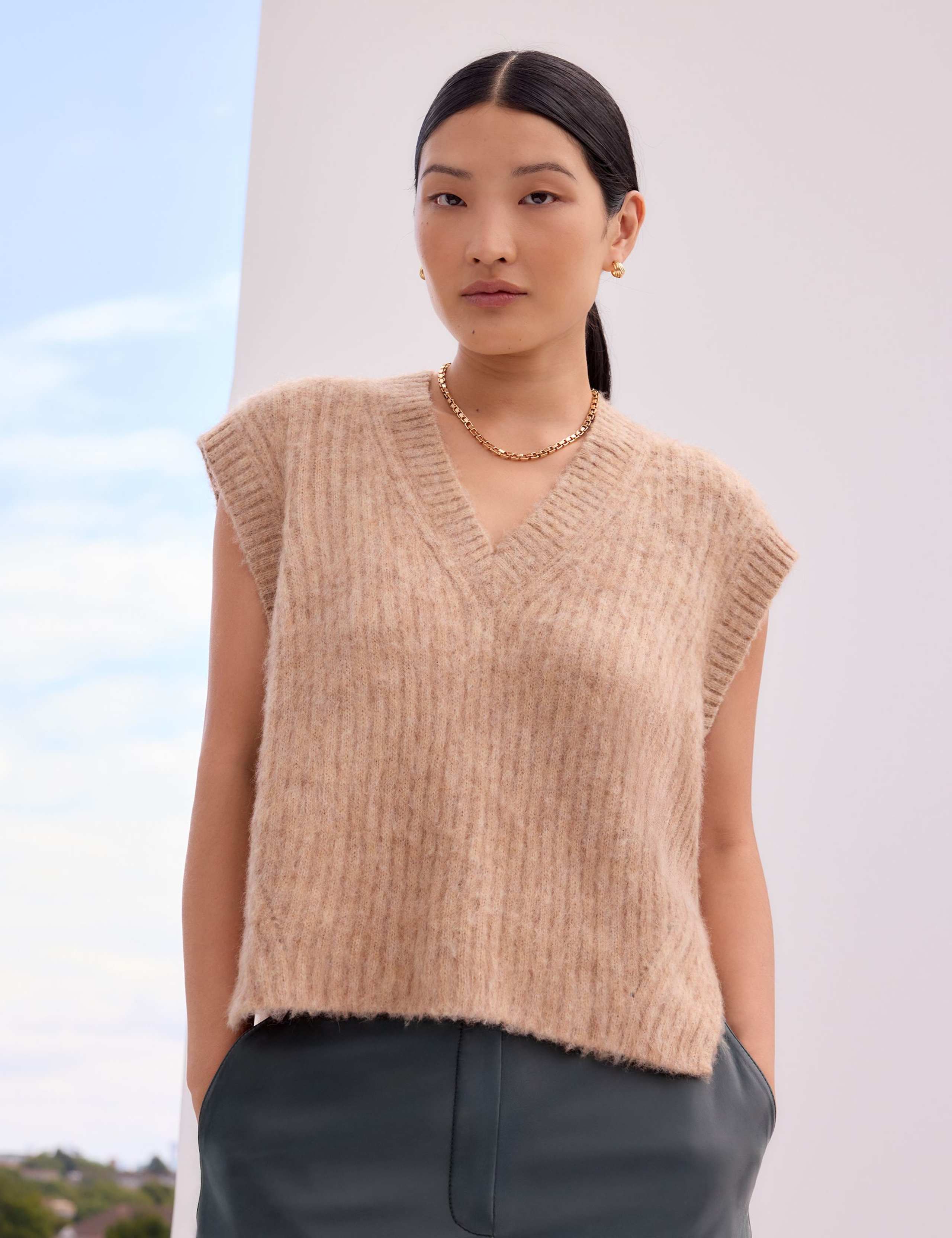 Caramel V-Neck Knit Vest with Wool and Alpaca 1 of 5