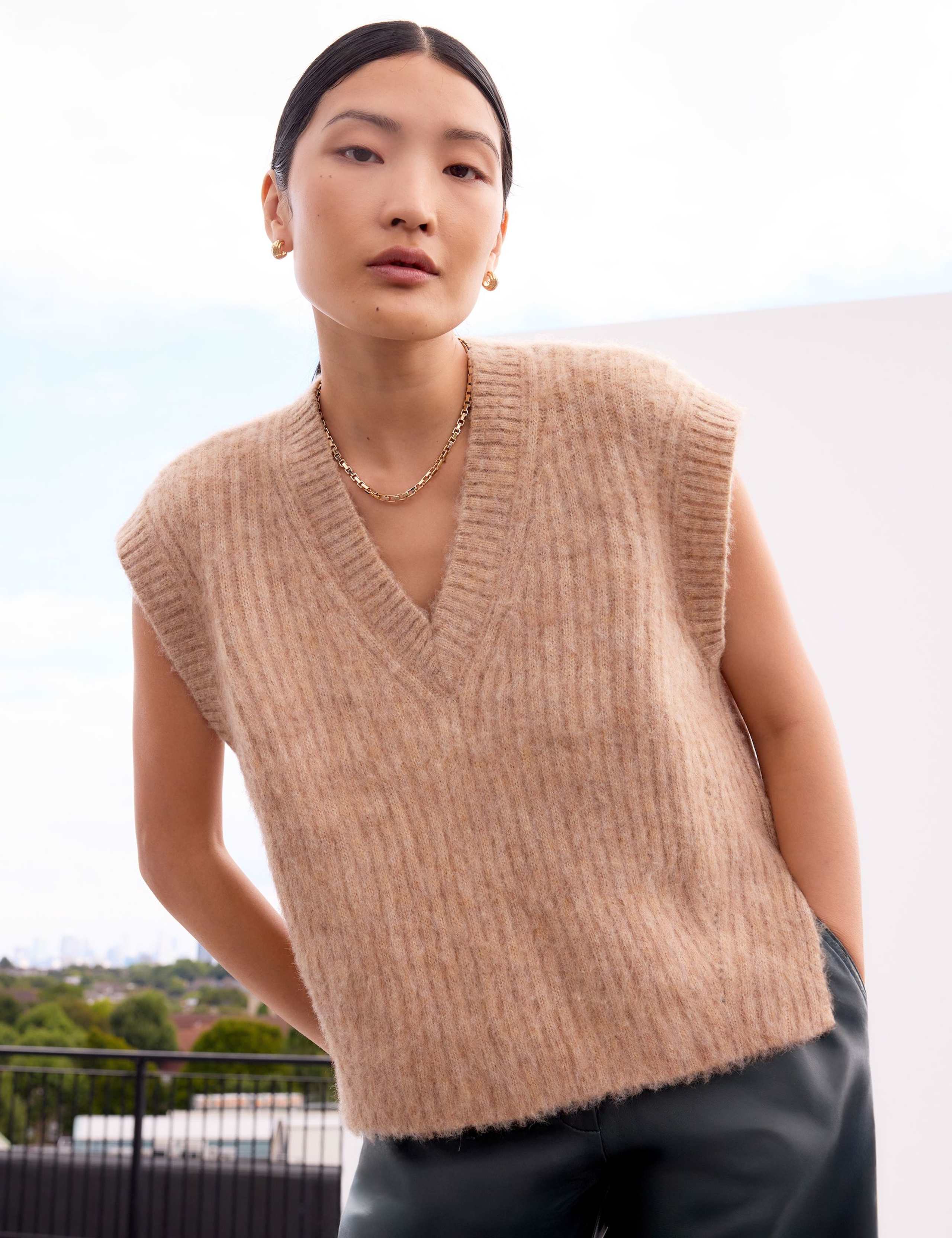 Caramel V-Neck Knit Vest with Wool and Alpaca 2 of 5