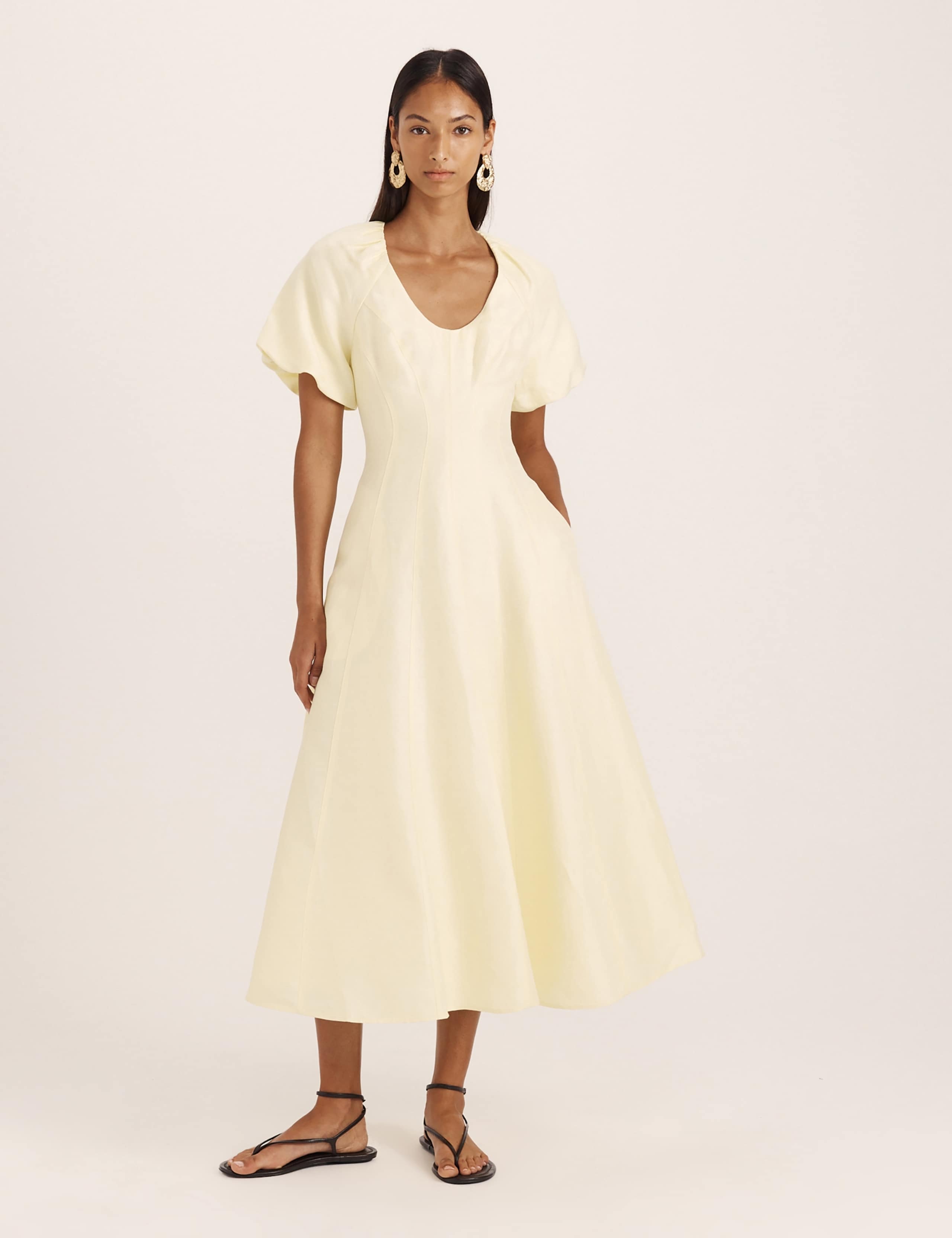 Linen Rich Scoop Neck Midi Waisted Dress 2 of 7