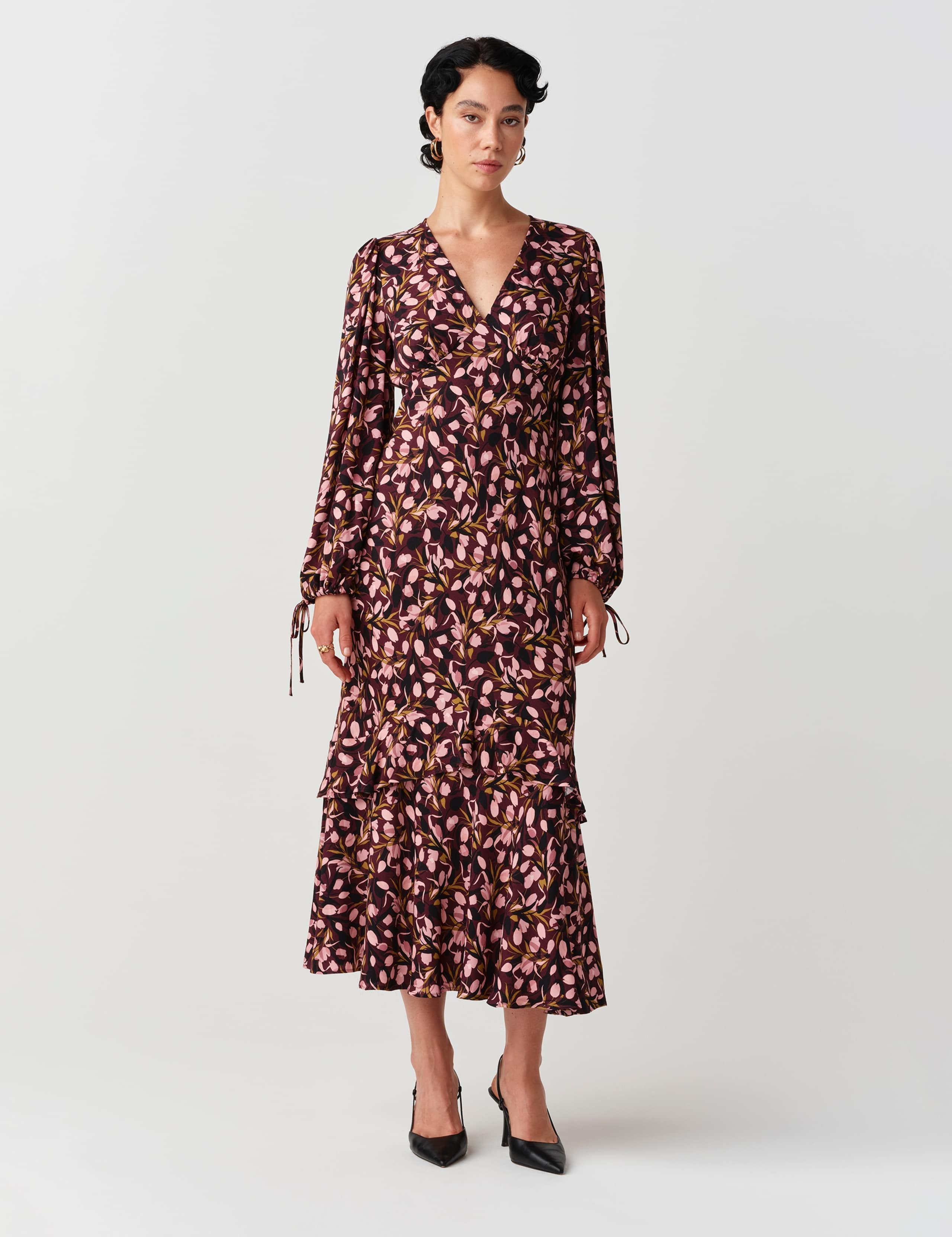Crepe Ditsy Floral V Neck Midi Waisted Dress 1 of 11