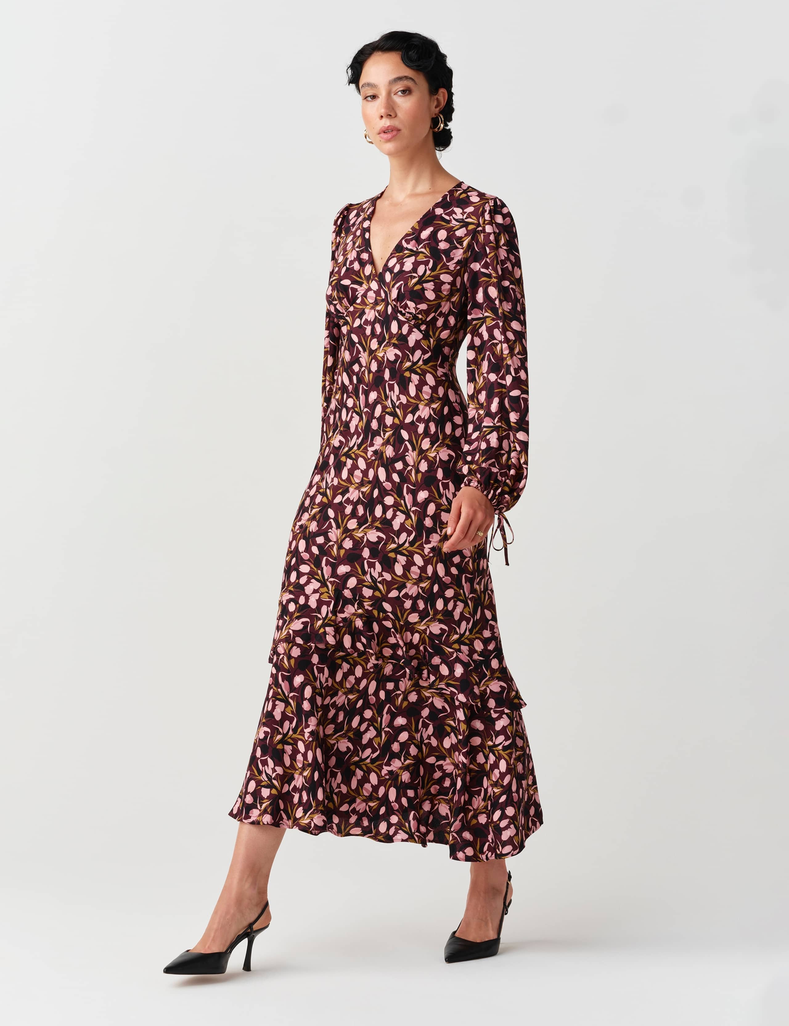 Crepe Ditsy Floral V Neck Midi Waisted Dress 11 of 11