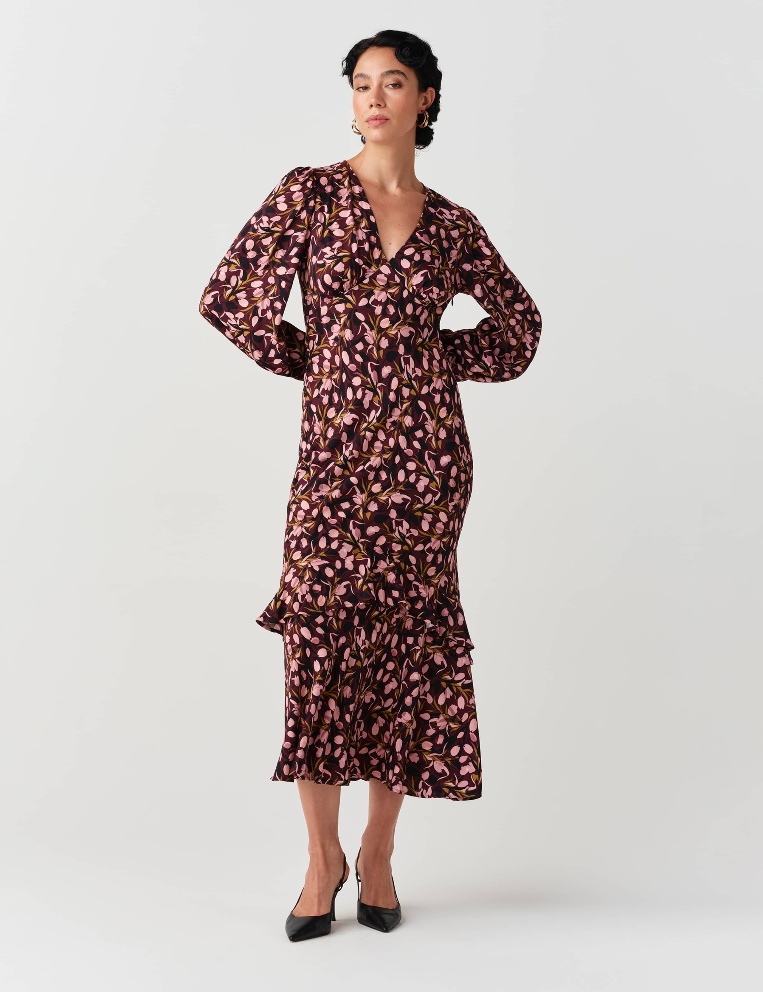 Crepe Ditsy Floral V Neck Midi Waisted Dress 6 of 11