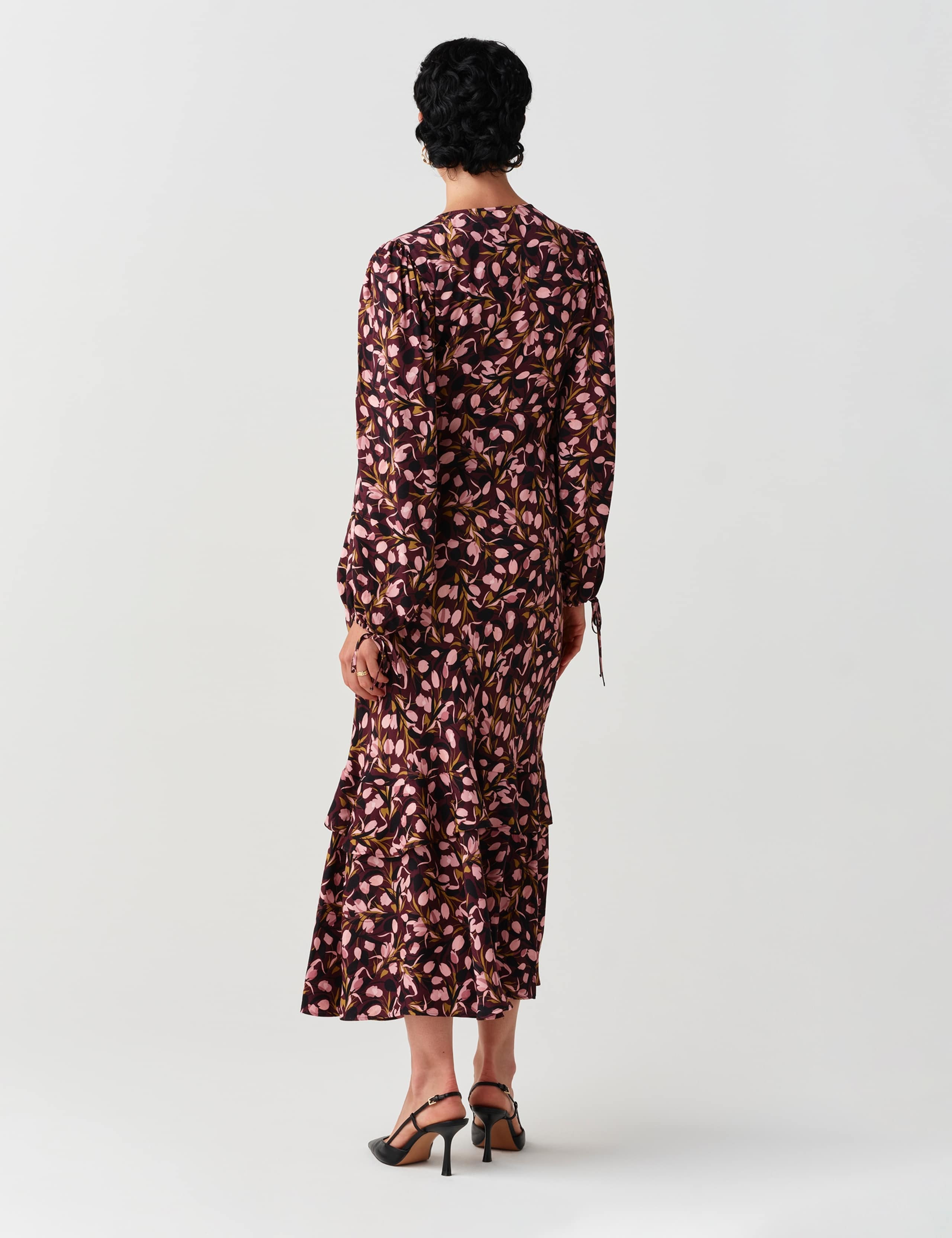 Crepe Ditsy Floral V Neck Midi Waisted Dress 10 of 11