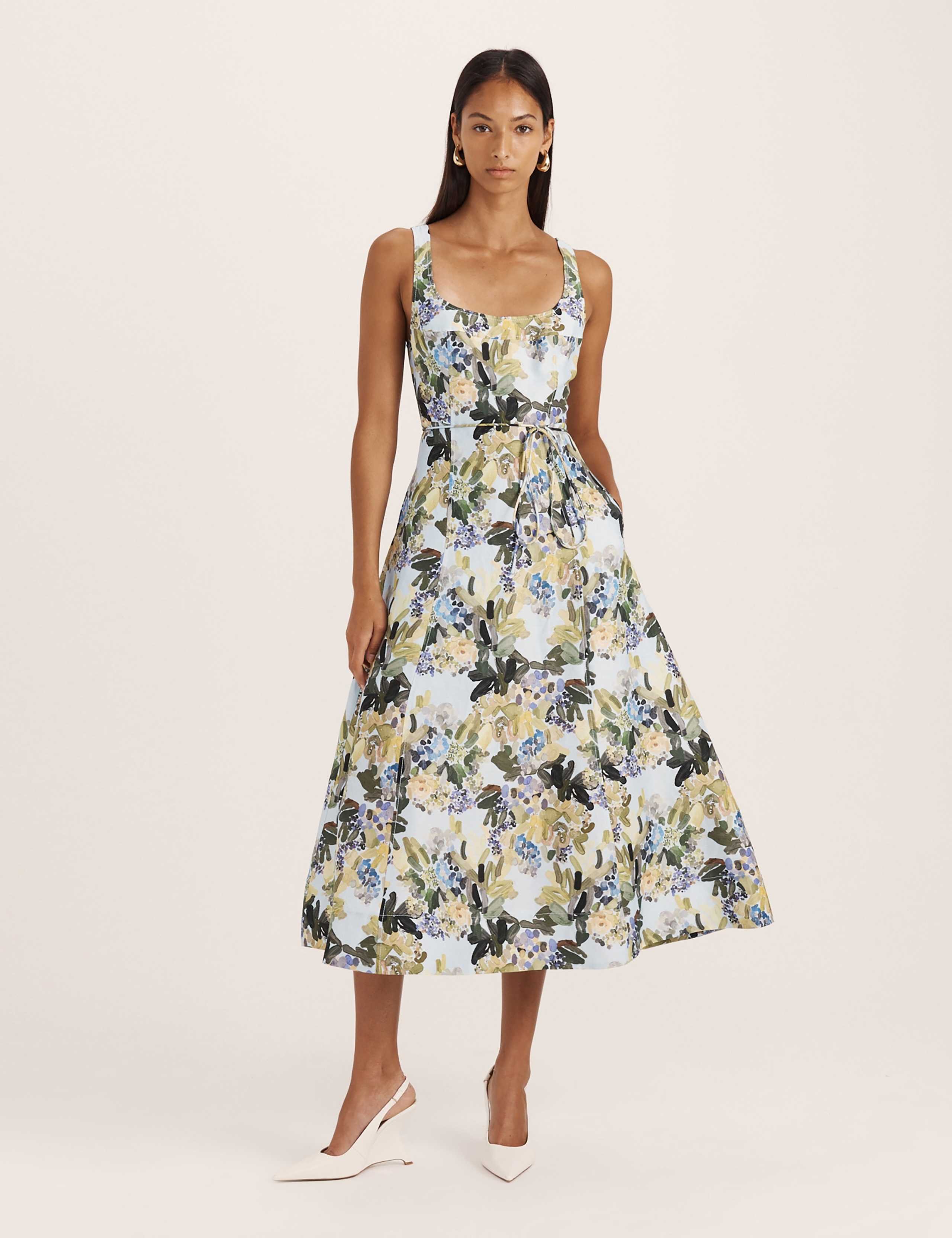 Linen Rich Floral Scoop Neck Midi Dress 2 of 8