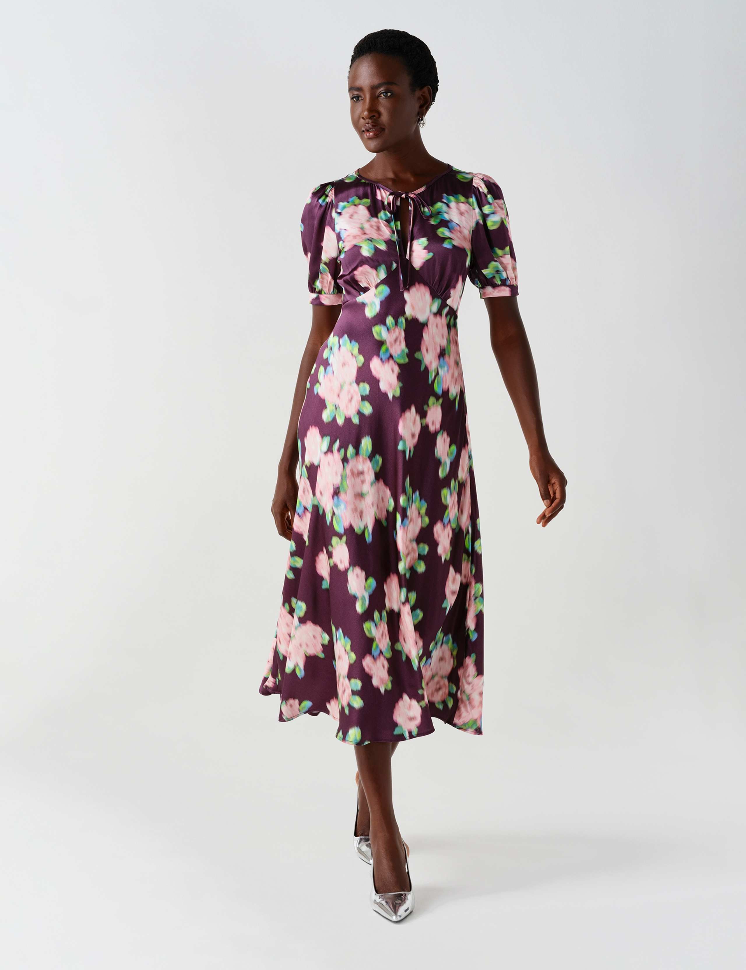 Crepe Floral Puff Sleeve Midi Slip Dress 2 of 11