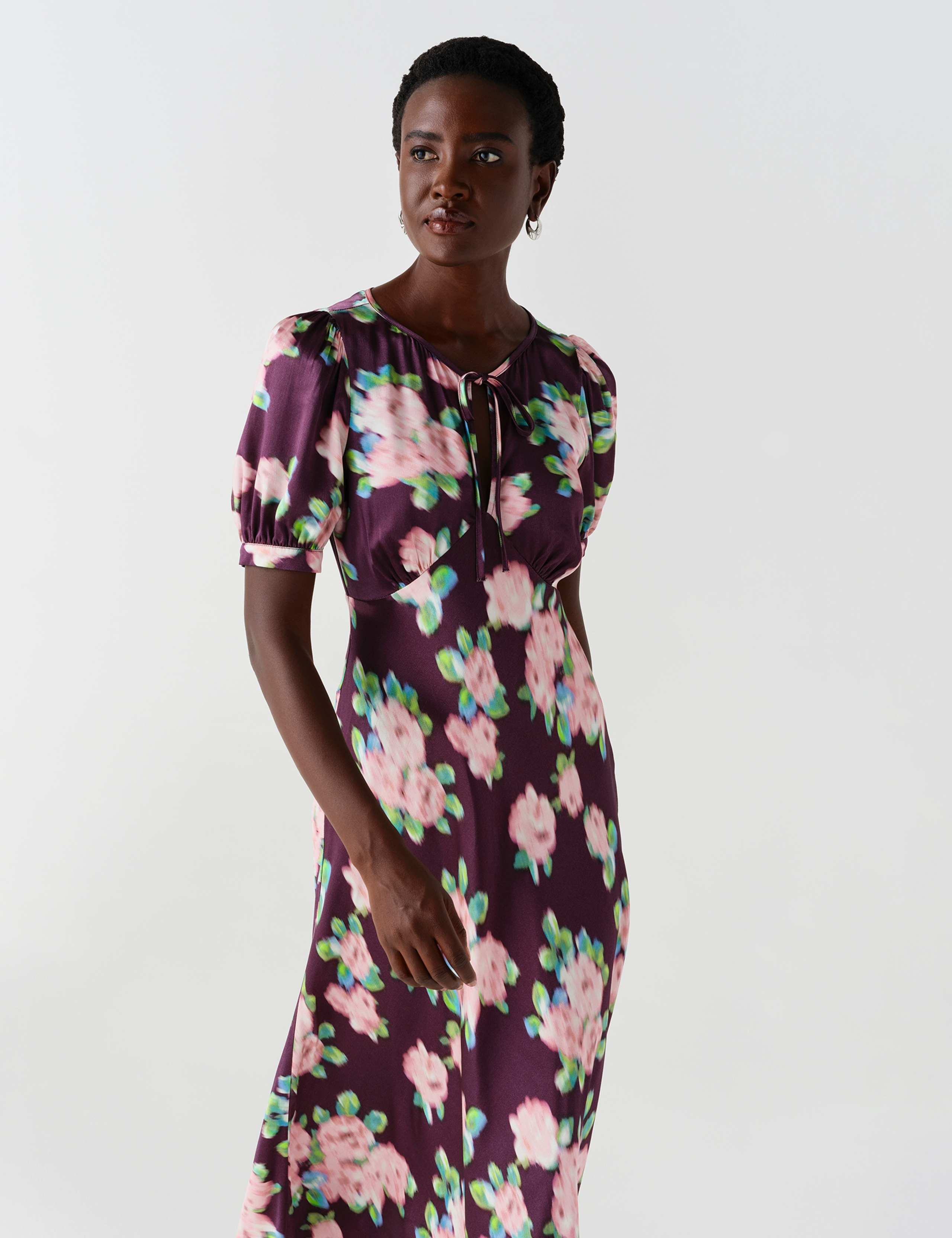 Crepe Floral Puff Sleeve Midi Slip Dress 11 of 11