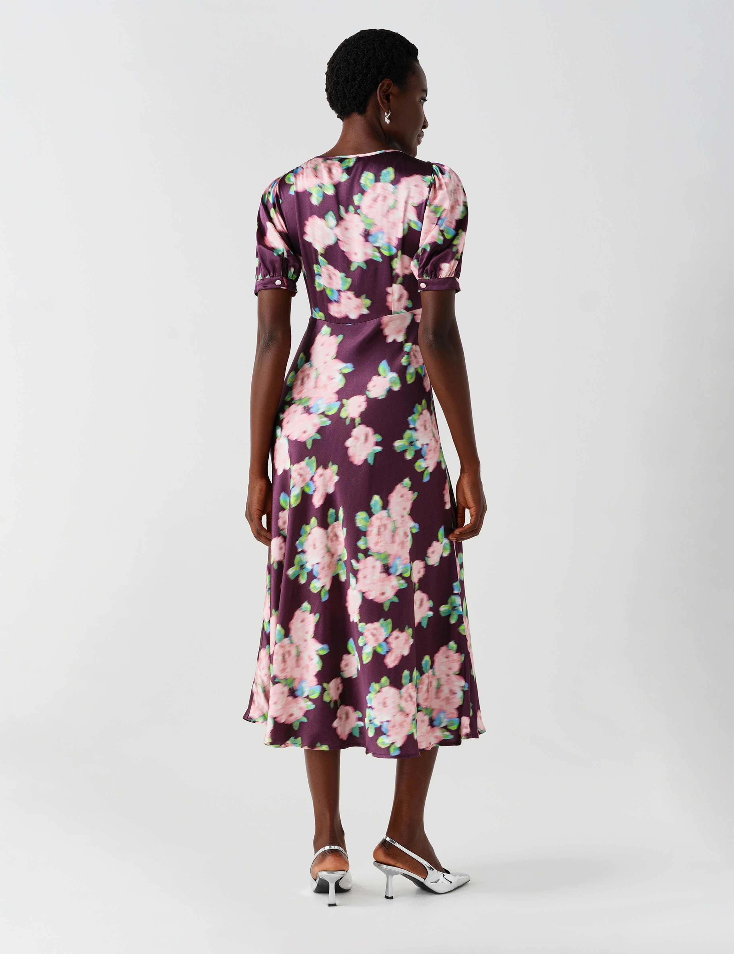 Crepe Floral Puff Sleeve Midi Slip Dress 3 of 11