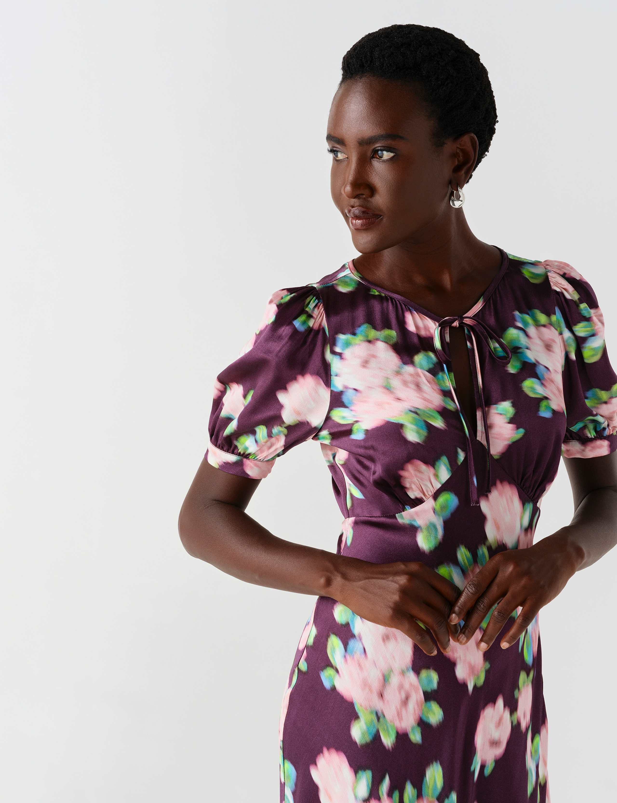 Crepe Floral Puff Sleeve Midi Slip Dress 4 of 11