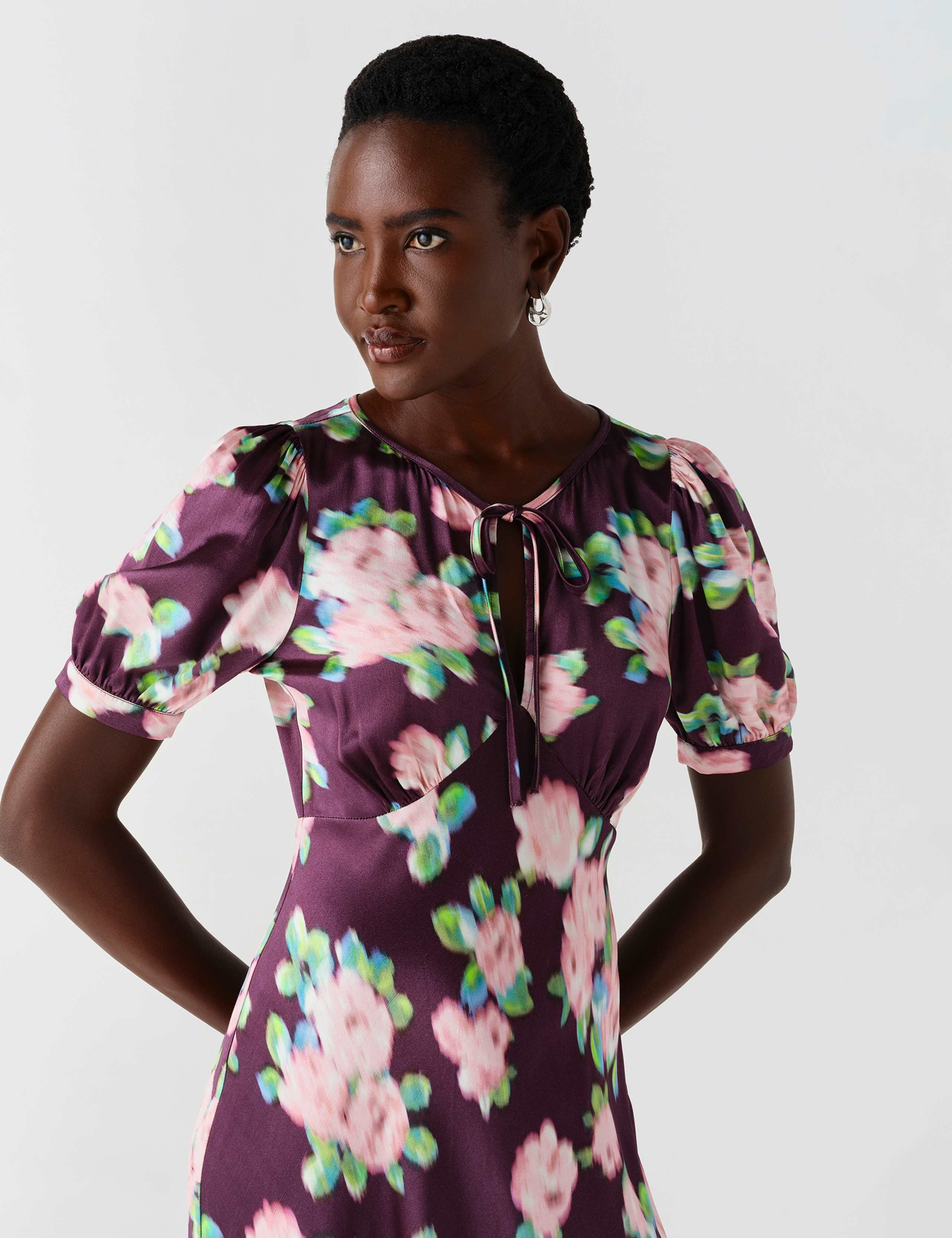 Crepe Floral Puff Sleeve Midi Slip Dress 5 of 11