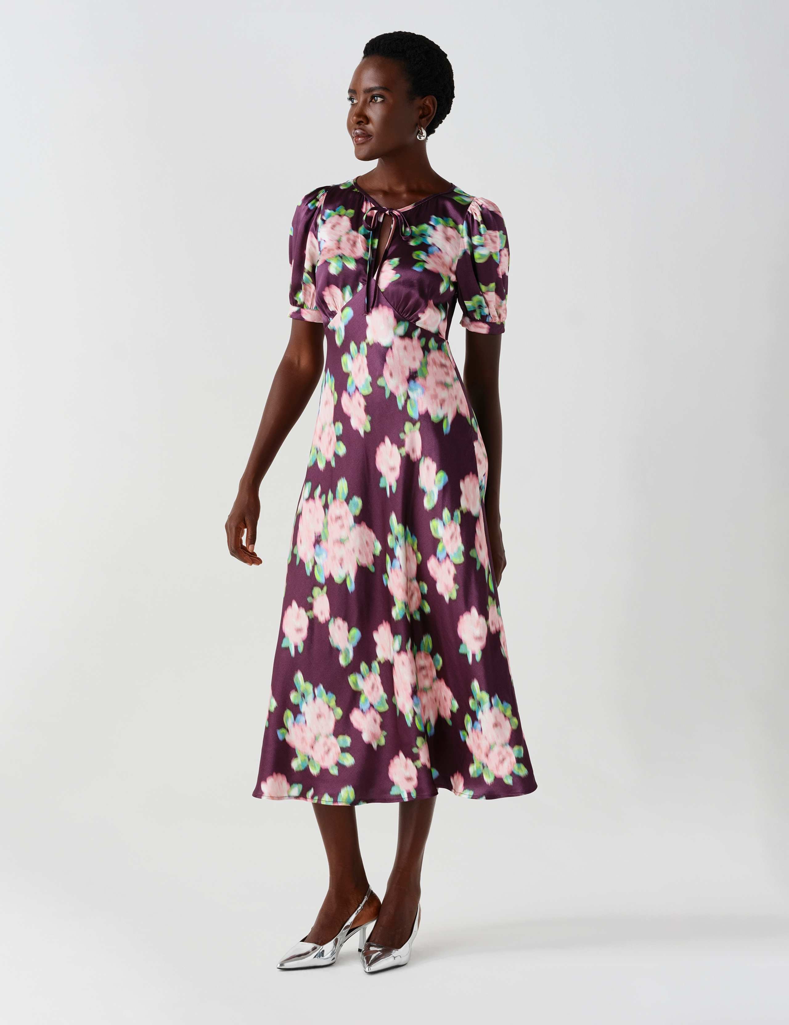 Crepe Floral Puff Sleeve Midi Slip Dress 6 of 11