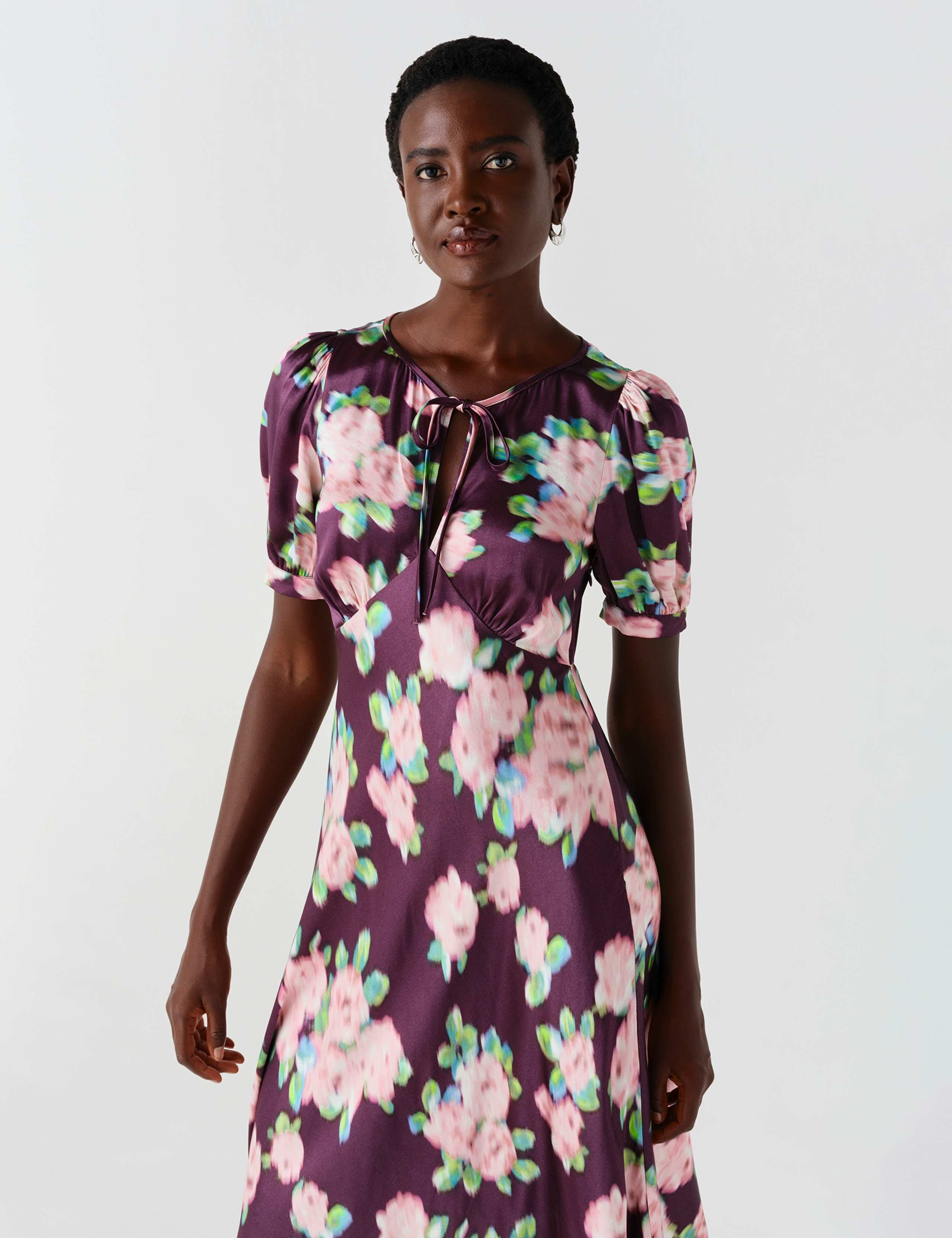 Crepe Floral Puff Sleeve Midi Slip Dress 8 of 11