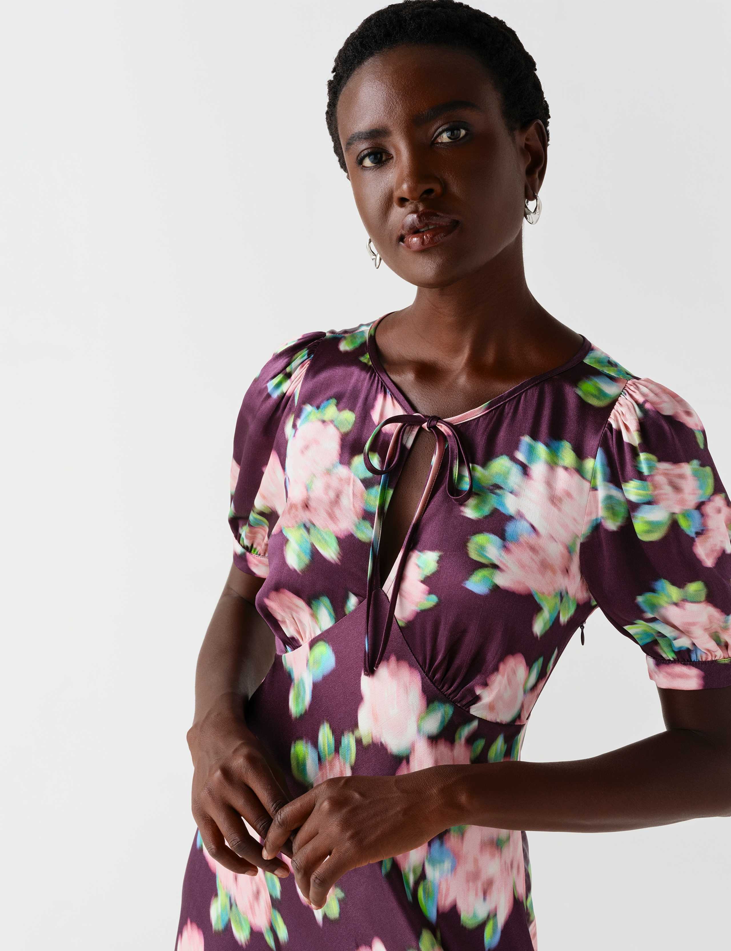 Crepe Floral Puff Sleeve Midi Slip Dress 9 of 11