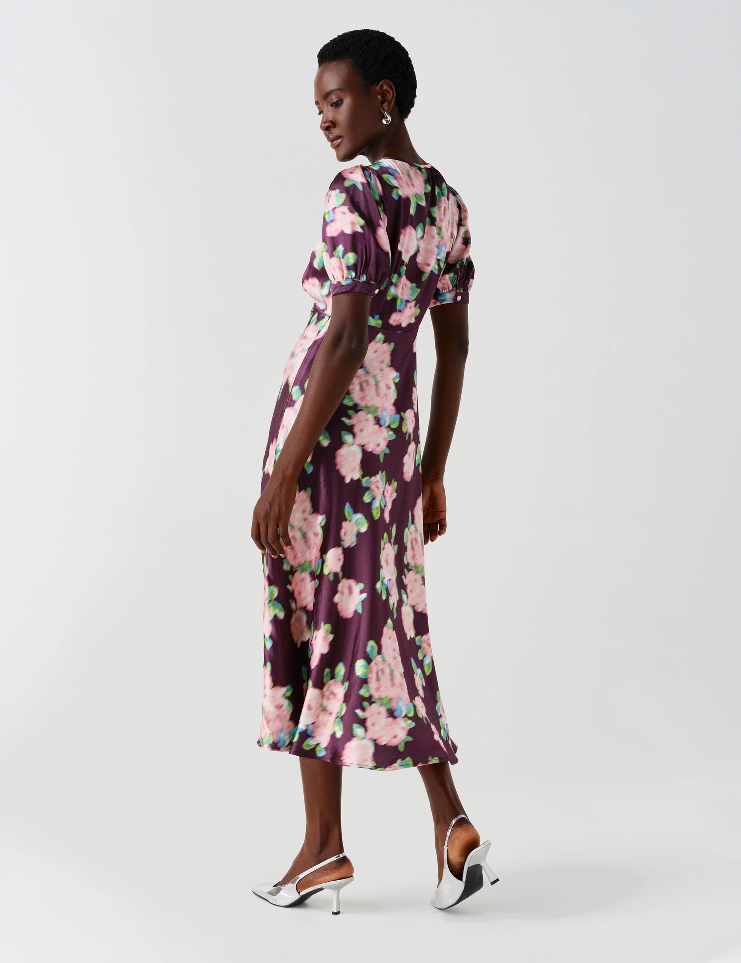 Crepe Floral Puff Sleeve Midi Slip Dress 10 of 11