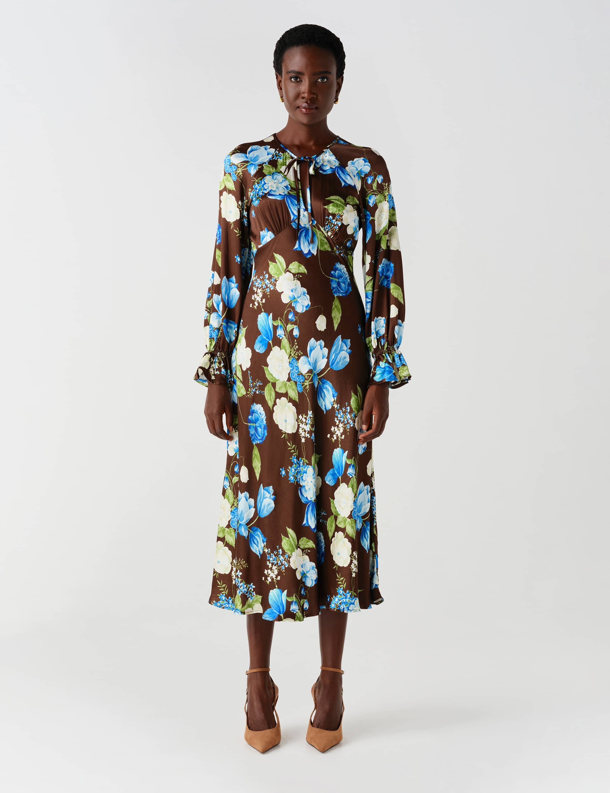 Satin Floral Frill Detail Midi Waisted Dress 1 of 13