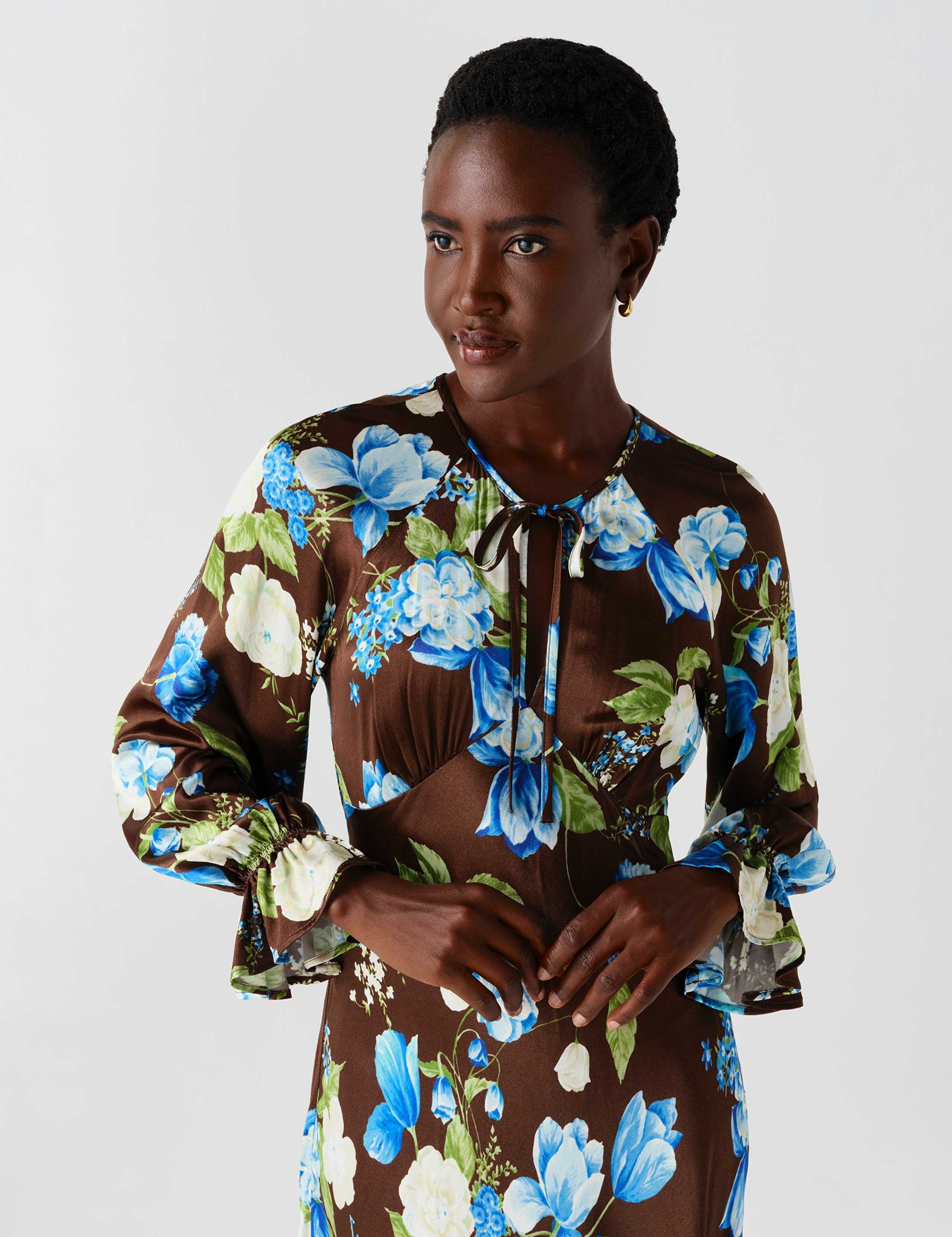 Satin Floral Frill Detail Midi Waisted Dress 2 of 13