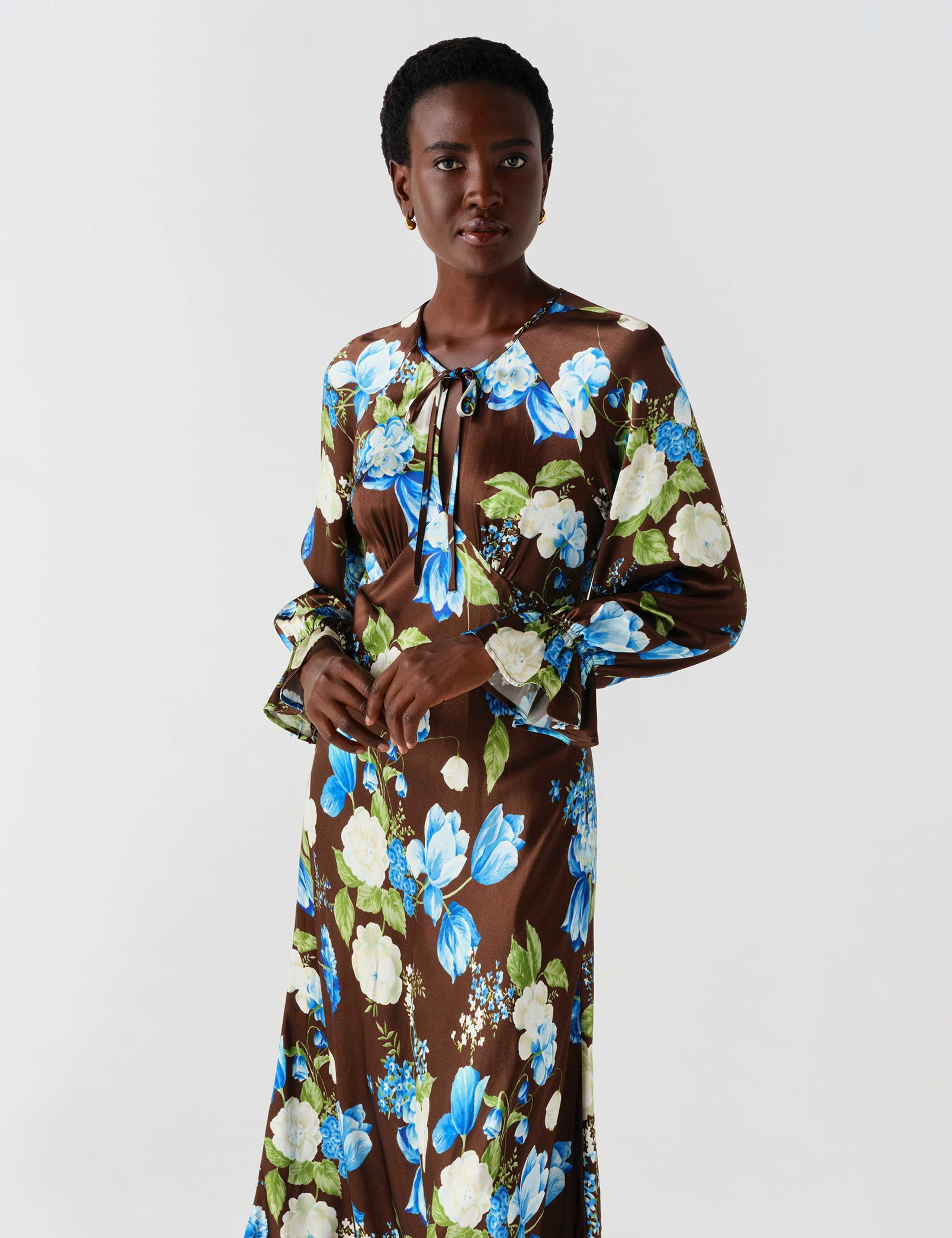 Satin Floral Frill Detail Midi Waisted Dress 11 of 13