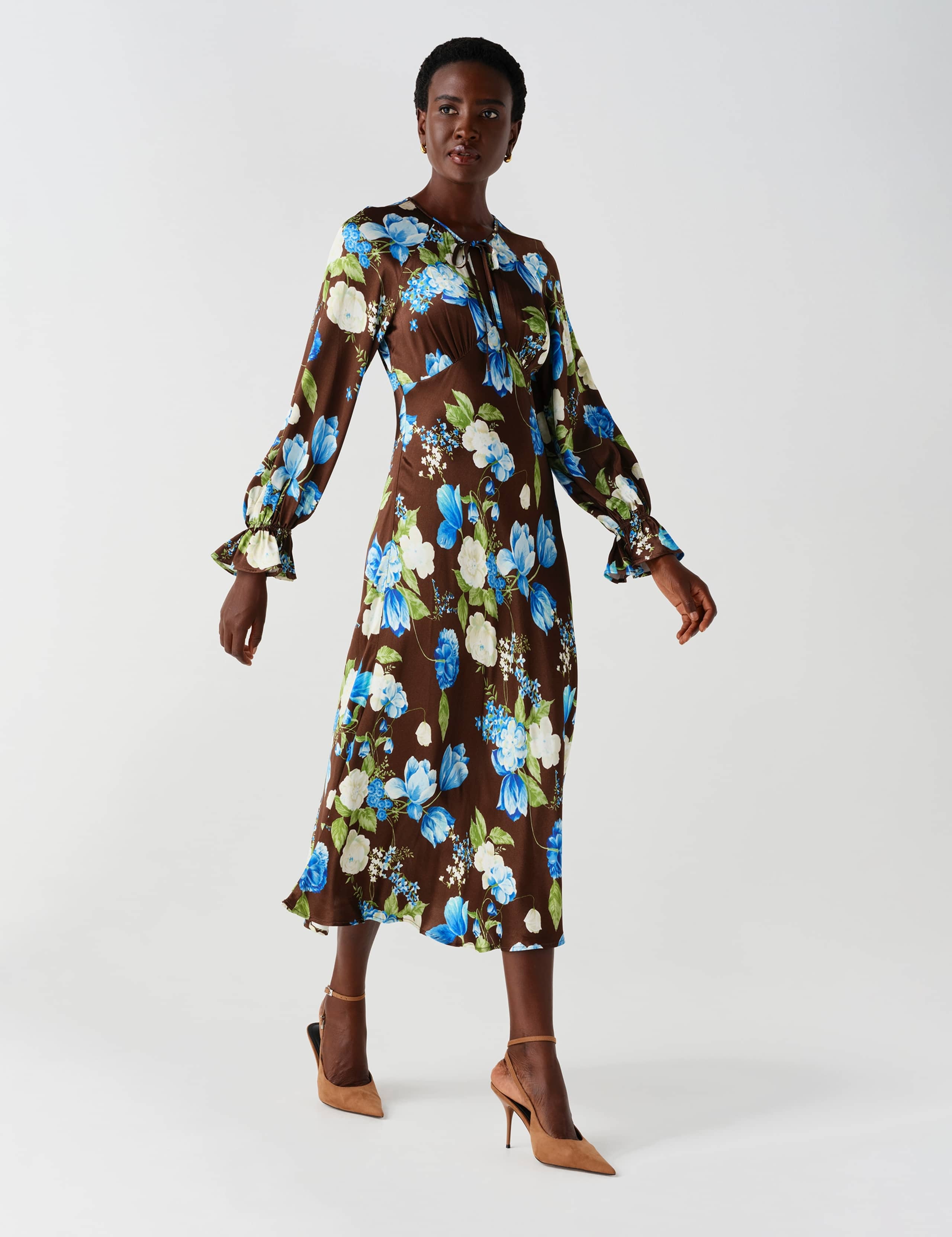 Satin Floral Frill Detail Midi Waisted Dress 12 of 13