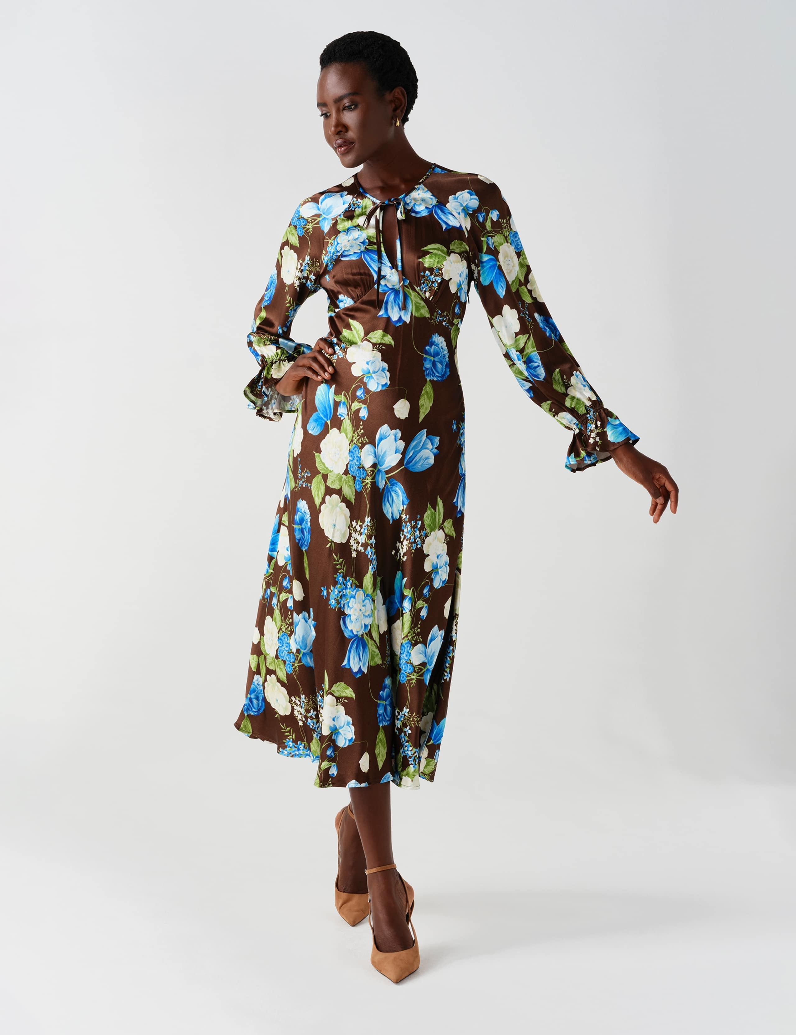 Satin Floral Frill Detail Midi Waisted Dress 13 of 13