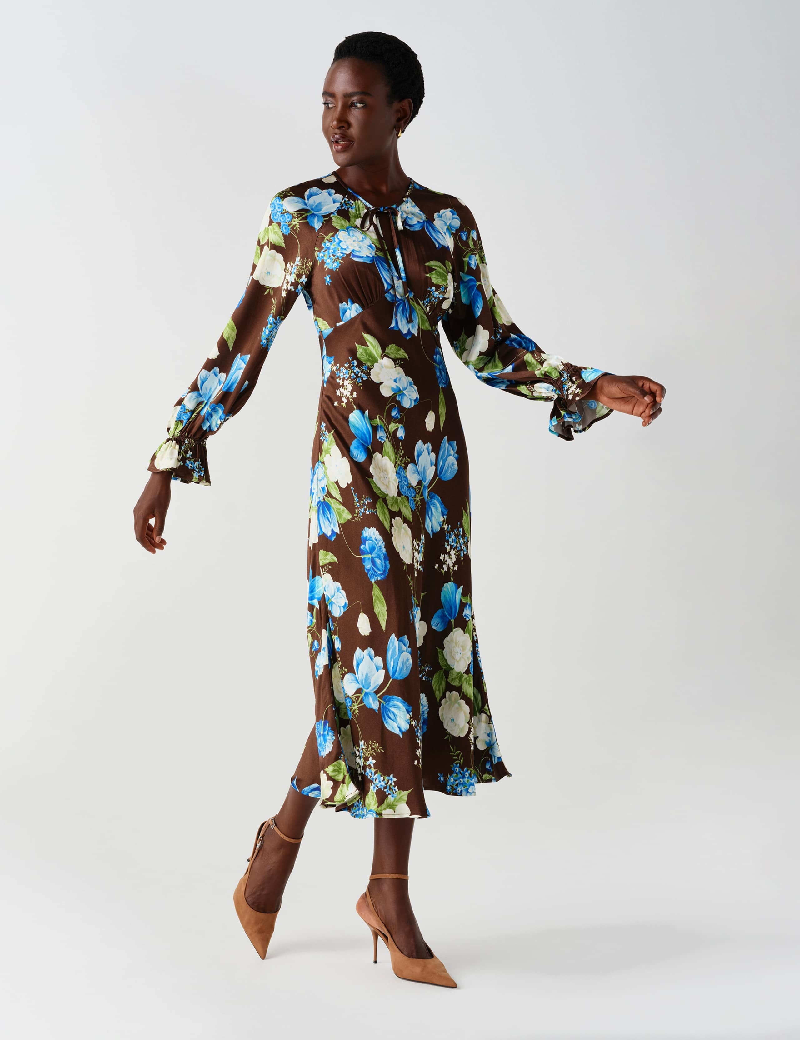Satin Floral Frill Detail Midi Waisted Dress 3 of 13