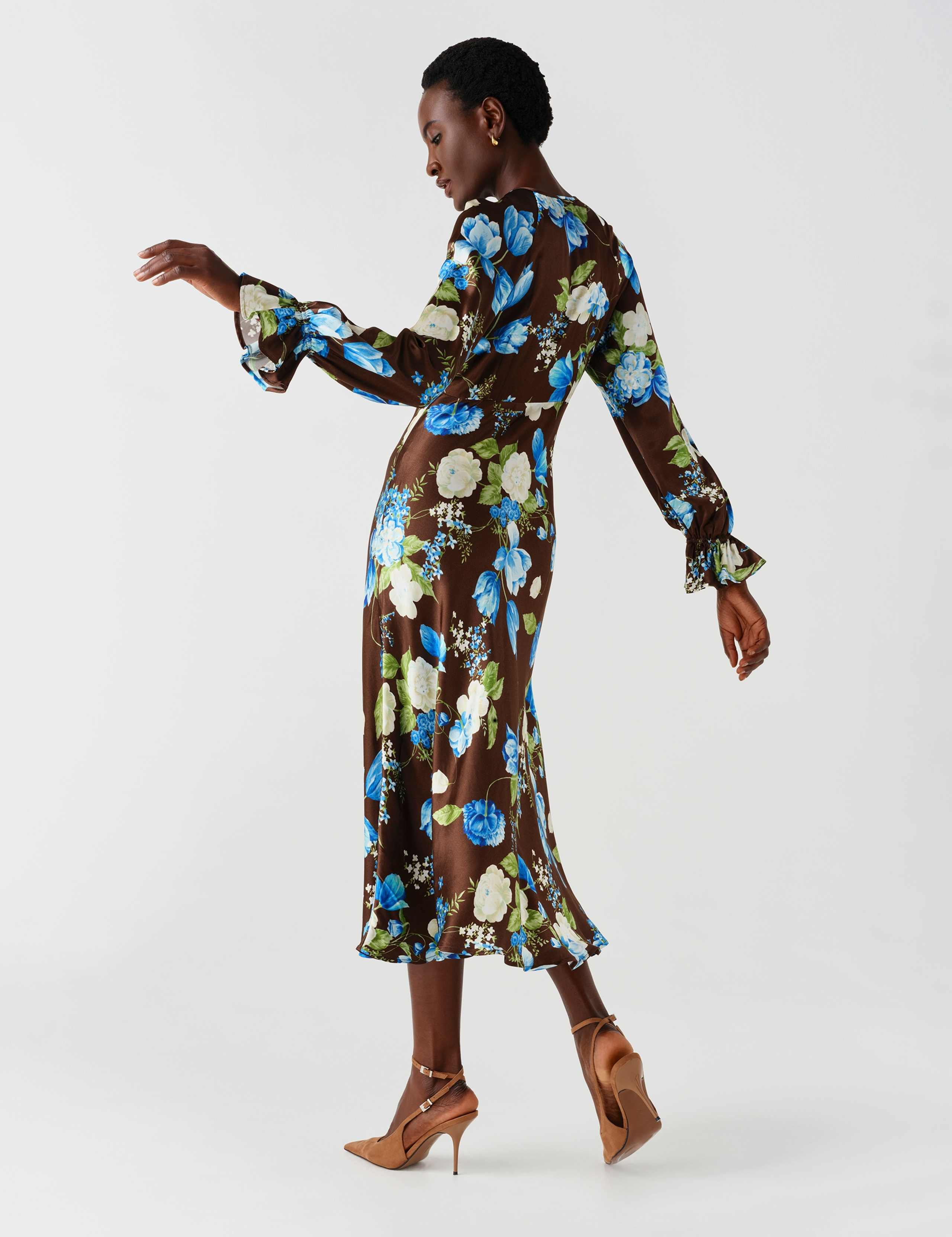 Satin Floral Frill Detail Midi Waisted Dress 4 of 13