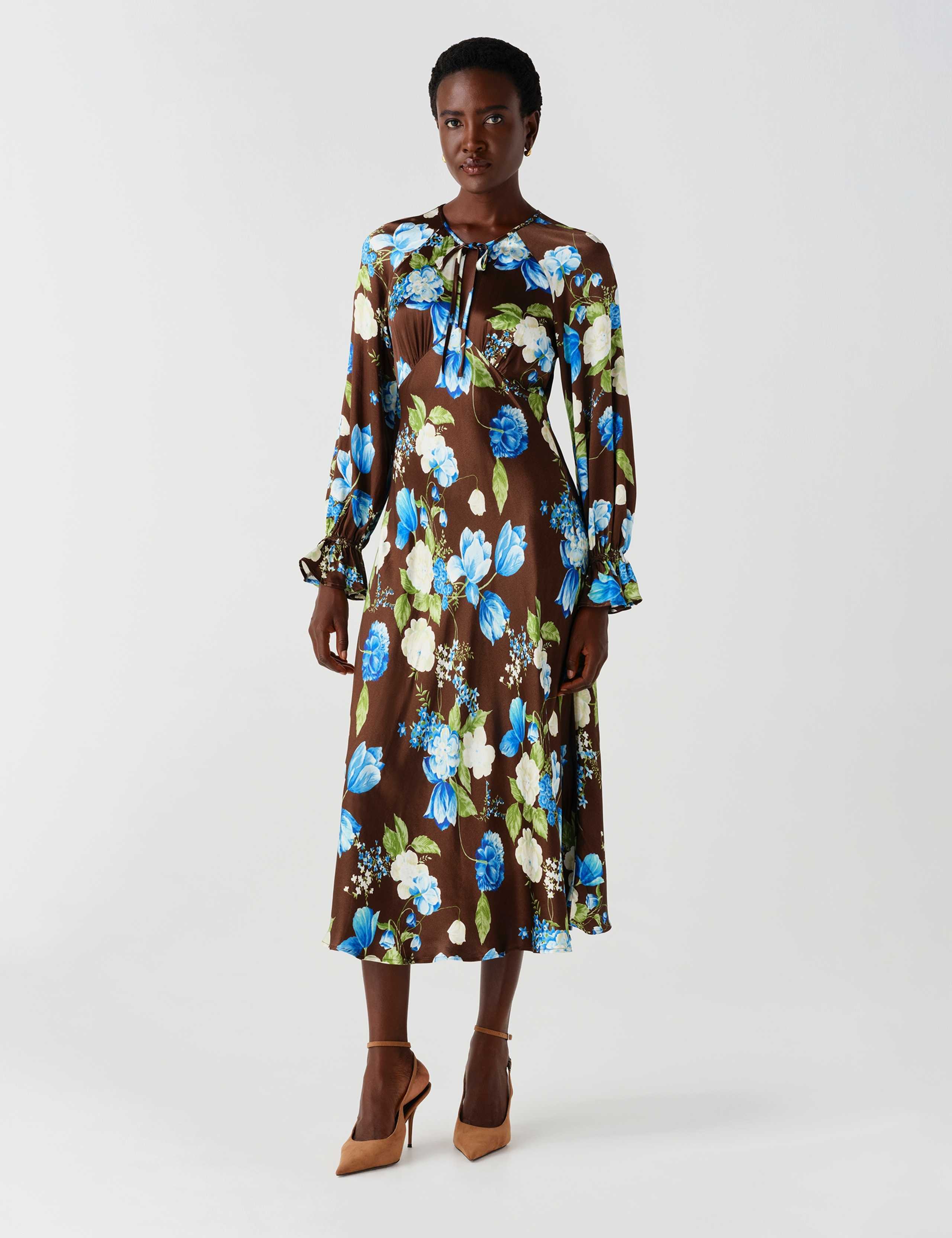 Satin Floral Frill Detail Midi Waisted Dress 5 of 13