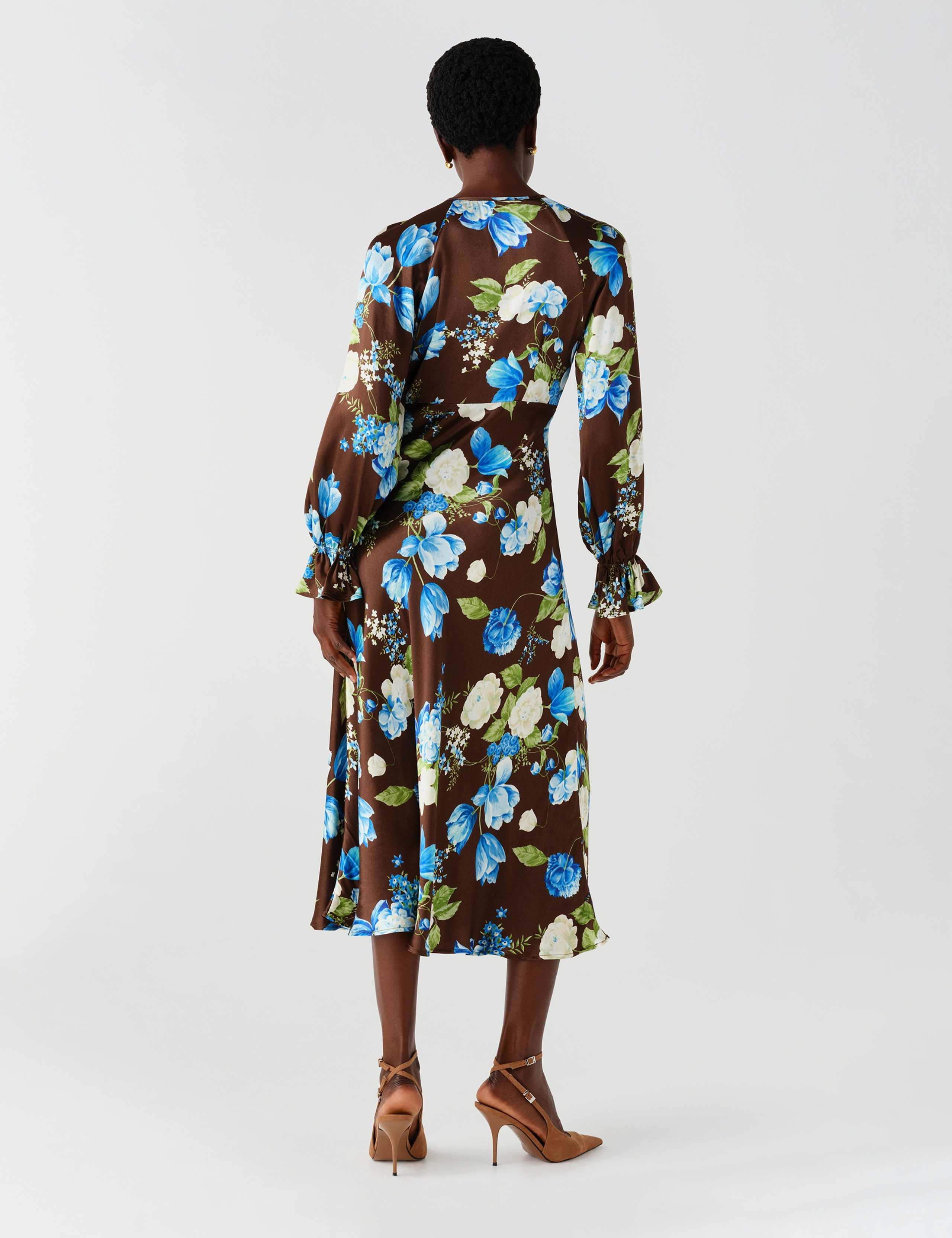 Satin Floral Frill Detail Midi Waisted Dress 6 of 13