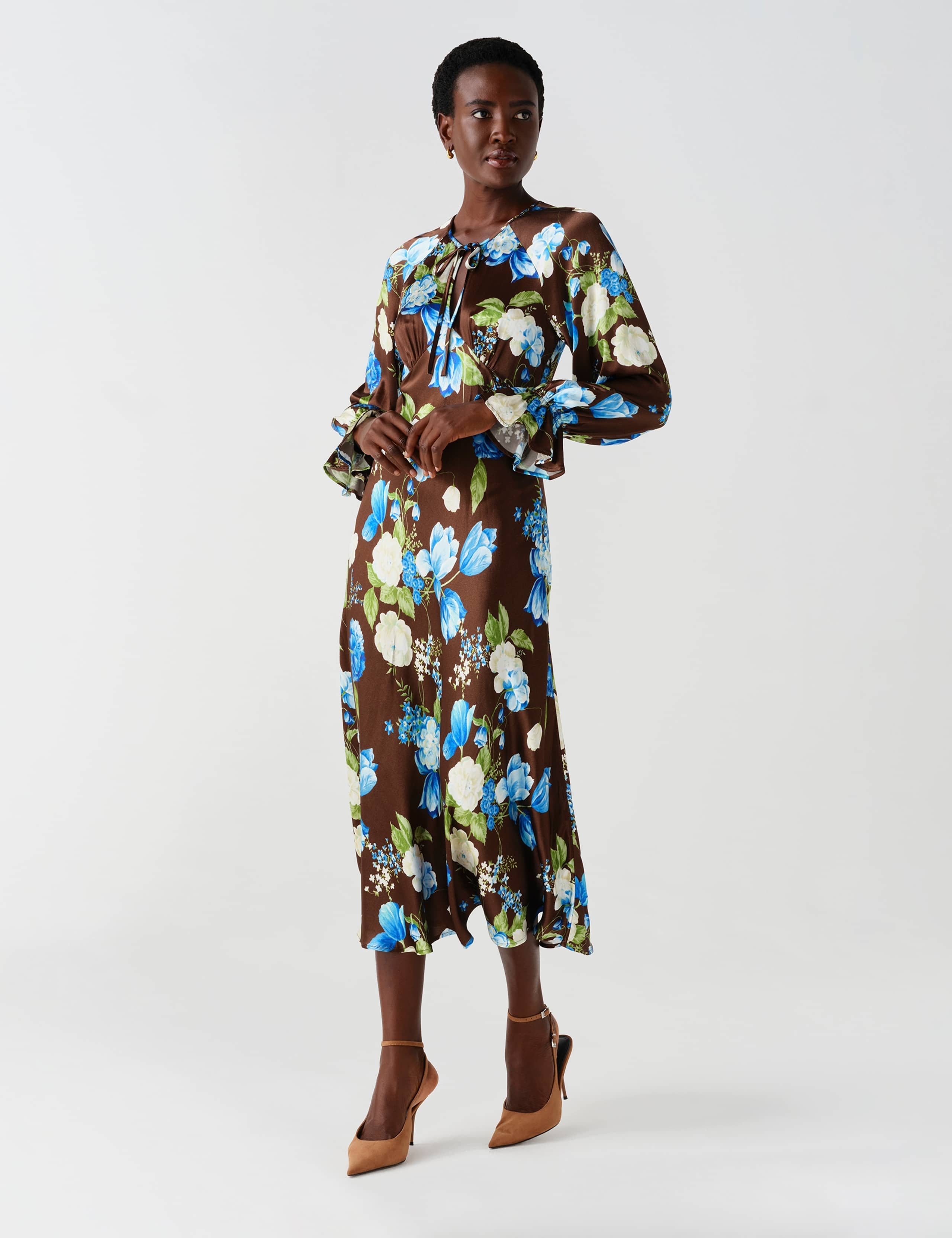 Satin Floral Frill Detail Midi Waisted Dress 7 of 13