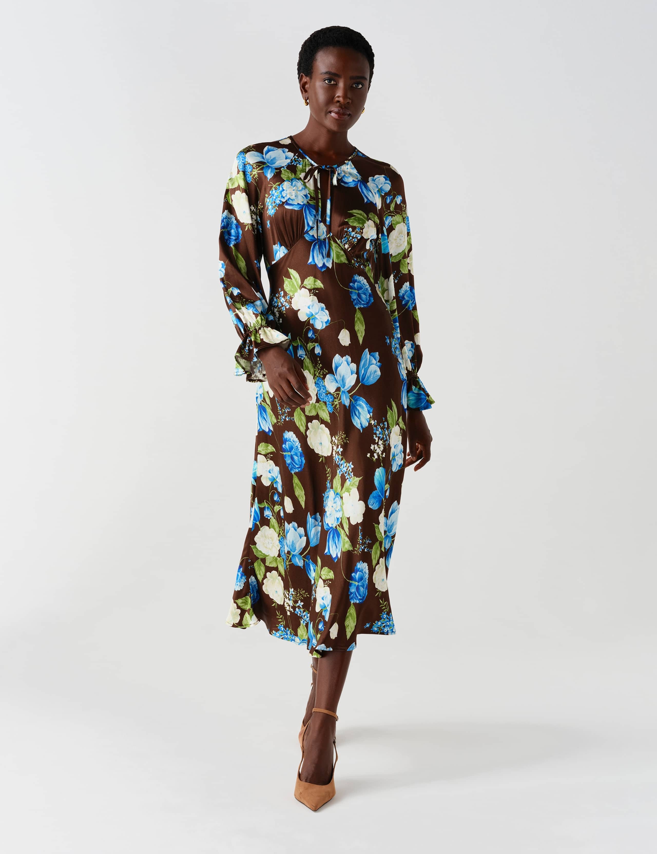 Satin Floral Frill Detail Midi Waisted Dress 8 of 13