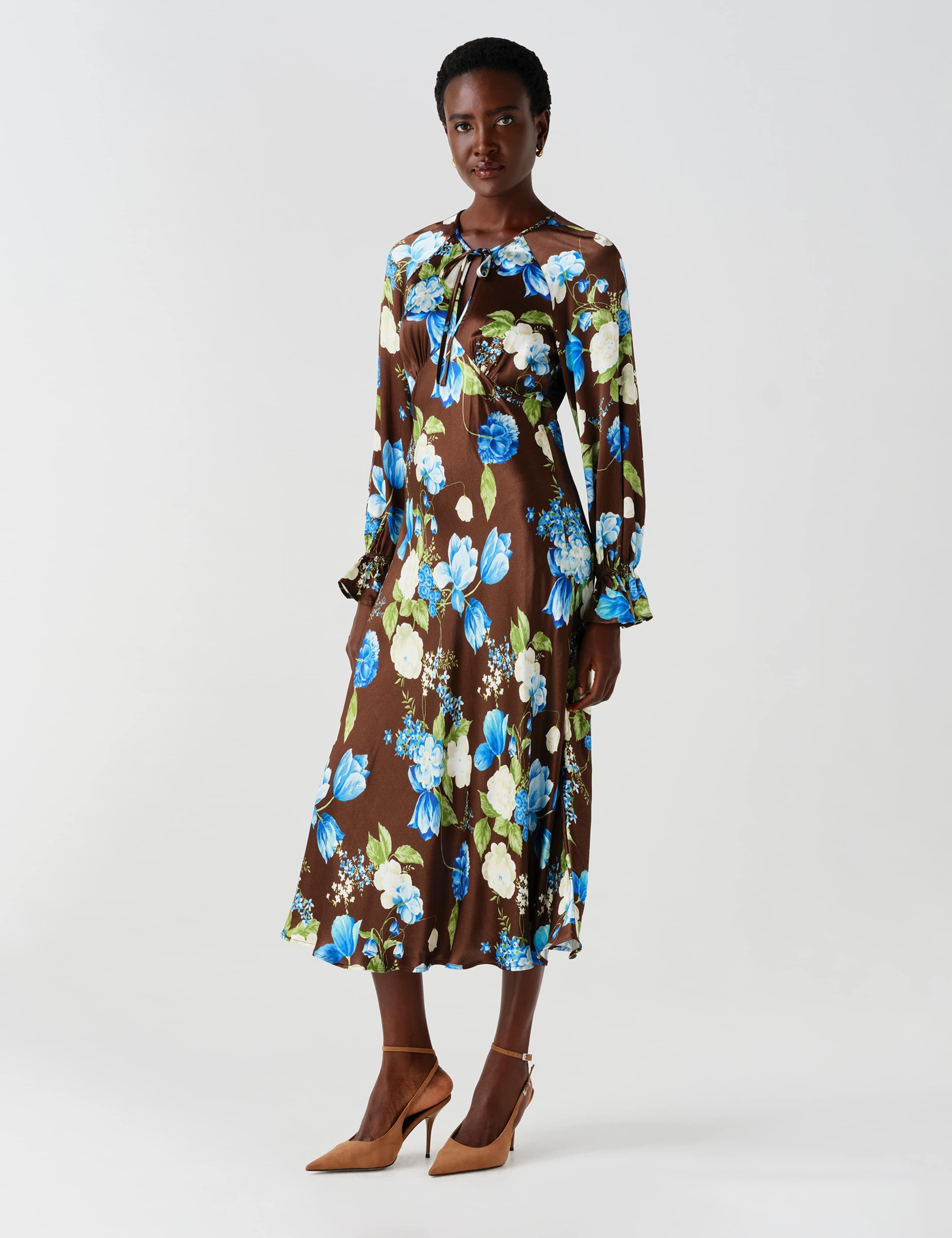 Satin Floral Frill Detail Midi Waisted Dress 9 of 13
