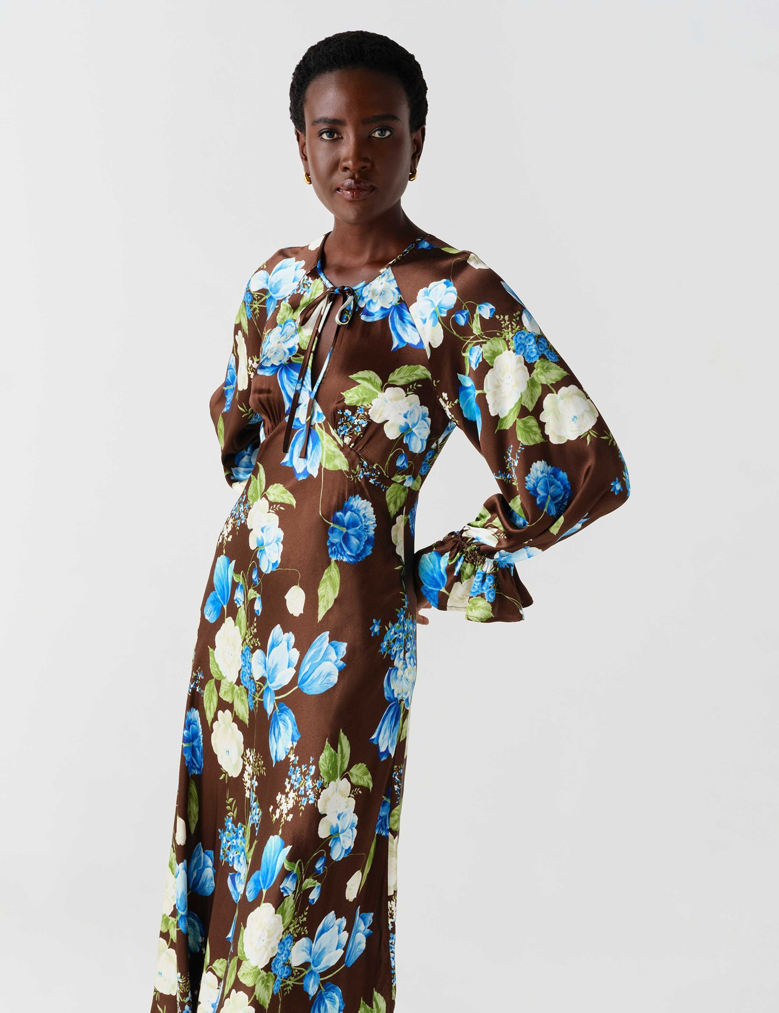 Satin Floral Frill Detail Midi Waisted Dress 10 of 13