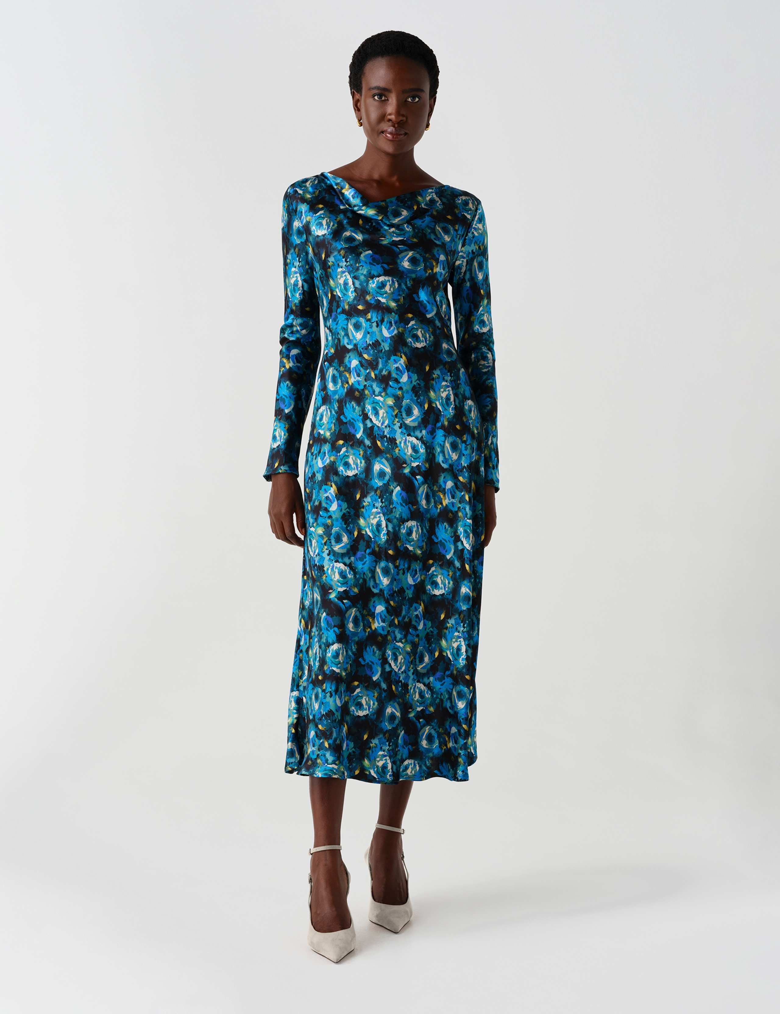 Satin Floral Cowl Neck Midi Waisted Dress 1 of 9