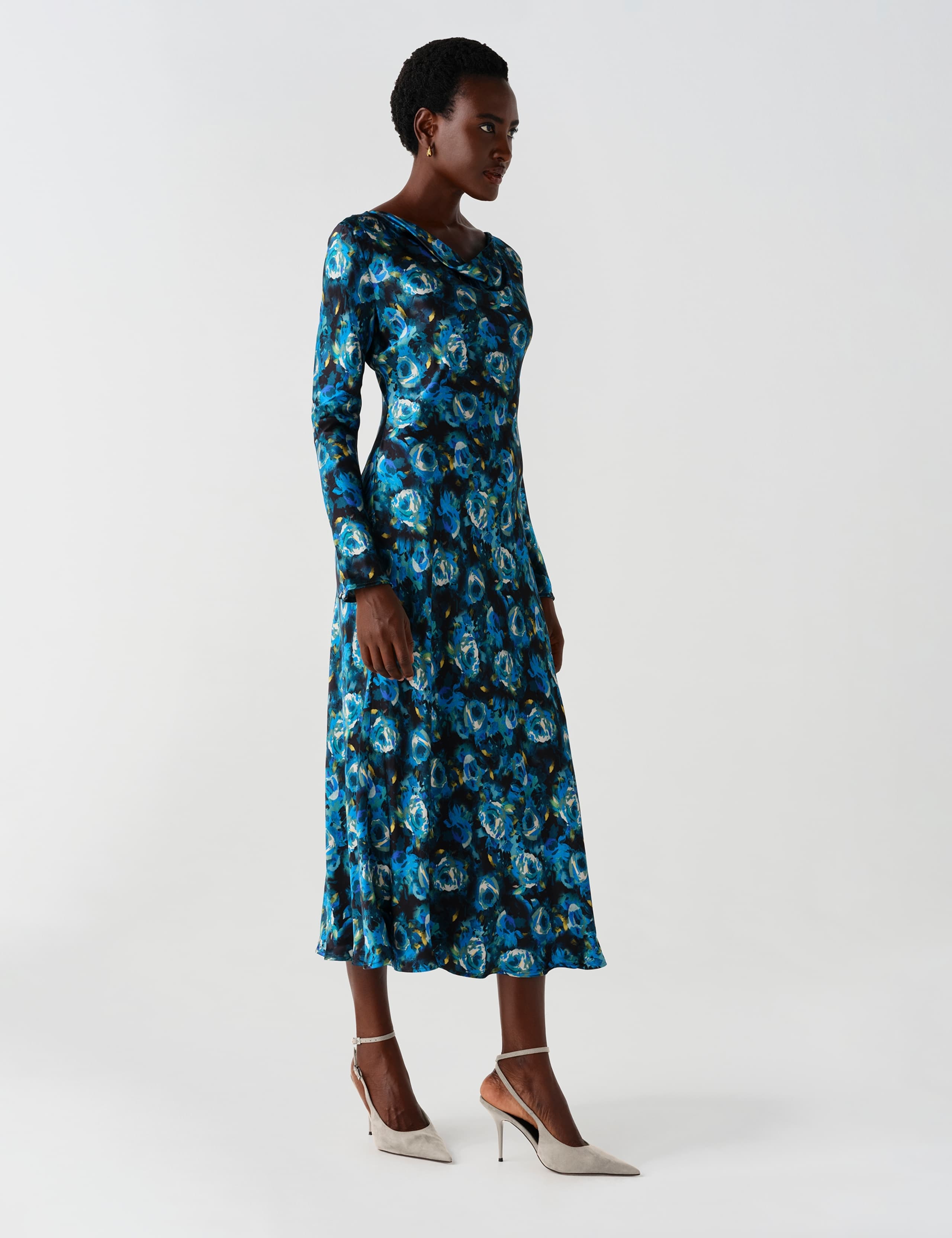 Satin Floral Cowl Neck Midi Waisted Dress 2 of 9