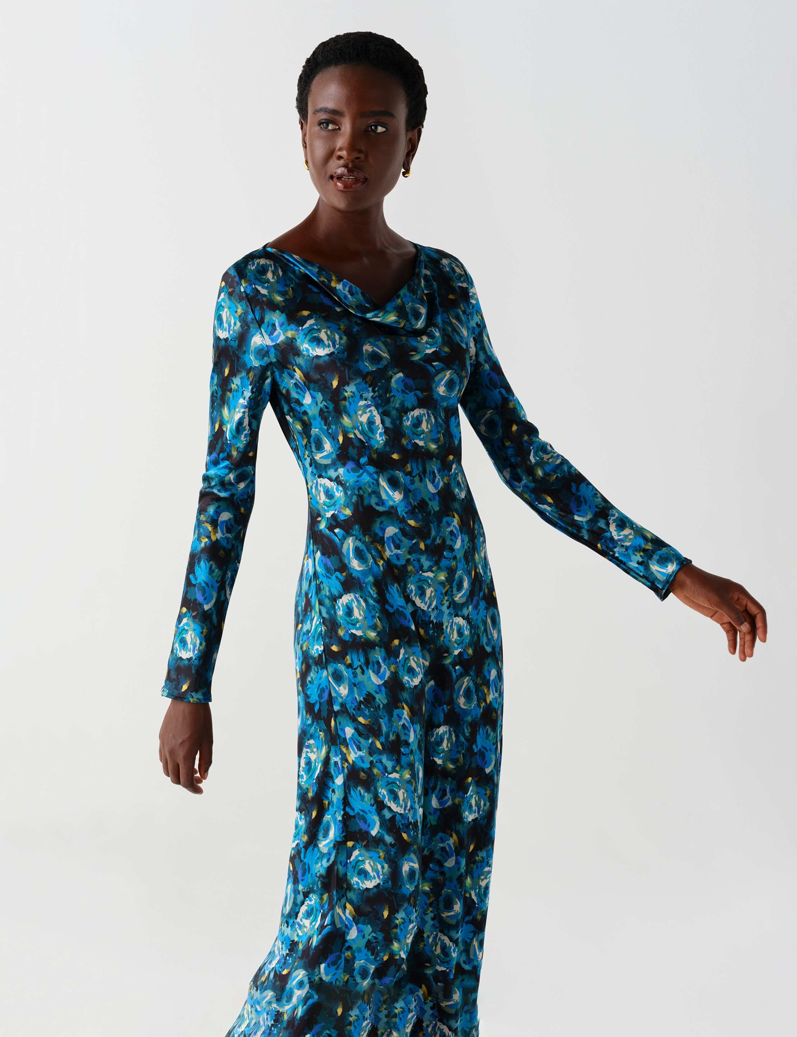 Satin Floral Cowl Neck Midi Waisted Dress 3 of 9