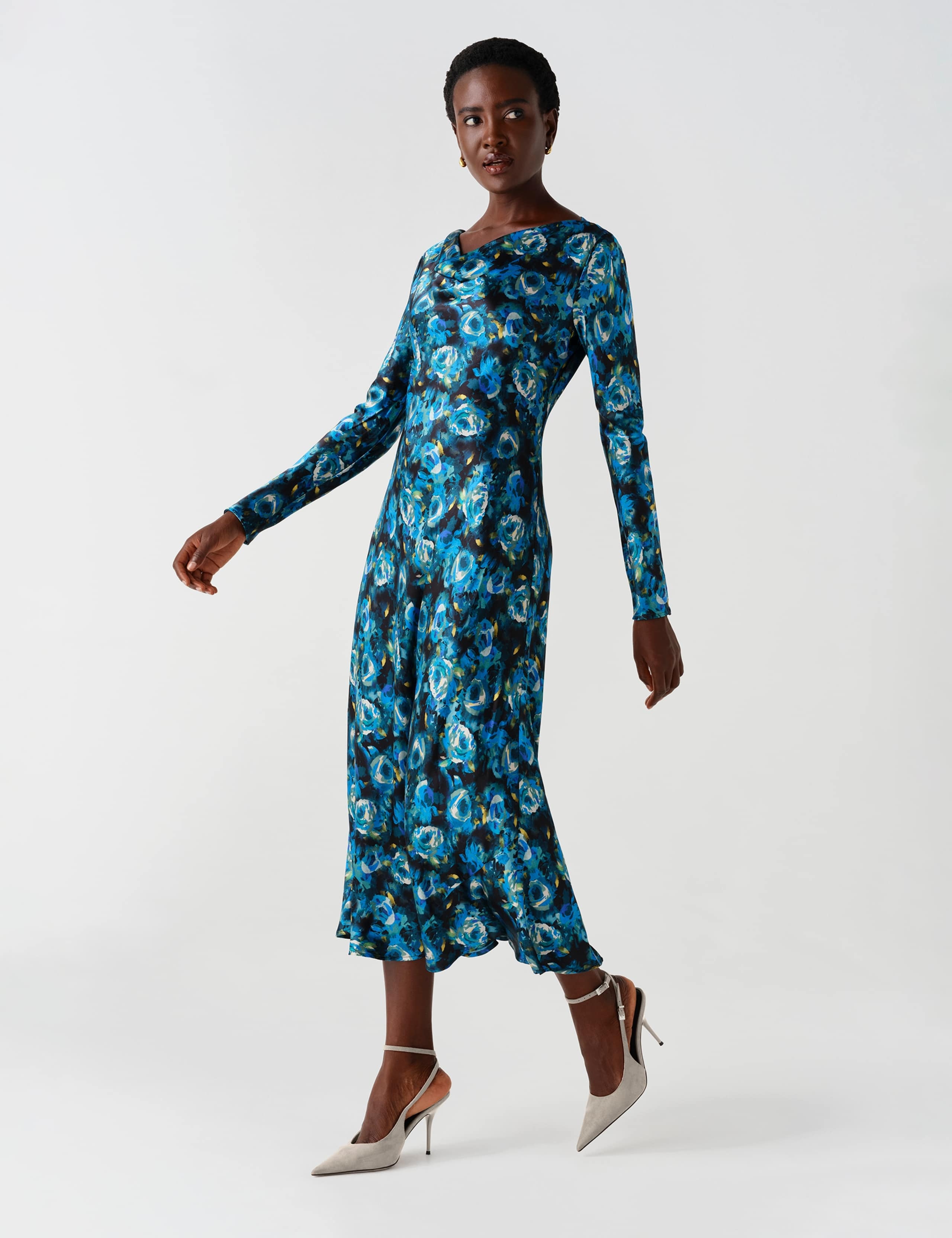 Satin Floral Cowl Neck Midi Waisted Dress 4 of 9