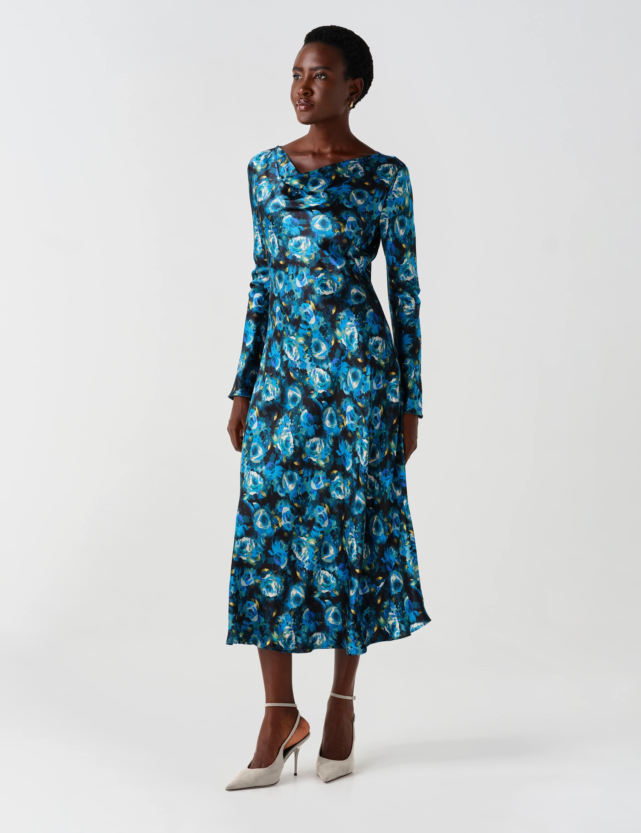 Satin Floral Cowl Neck Midi Waisted Dress 5 of 9