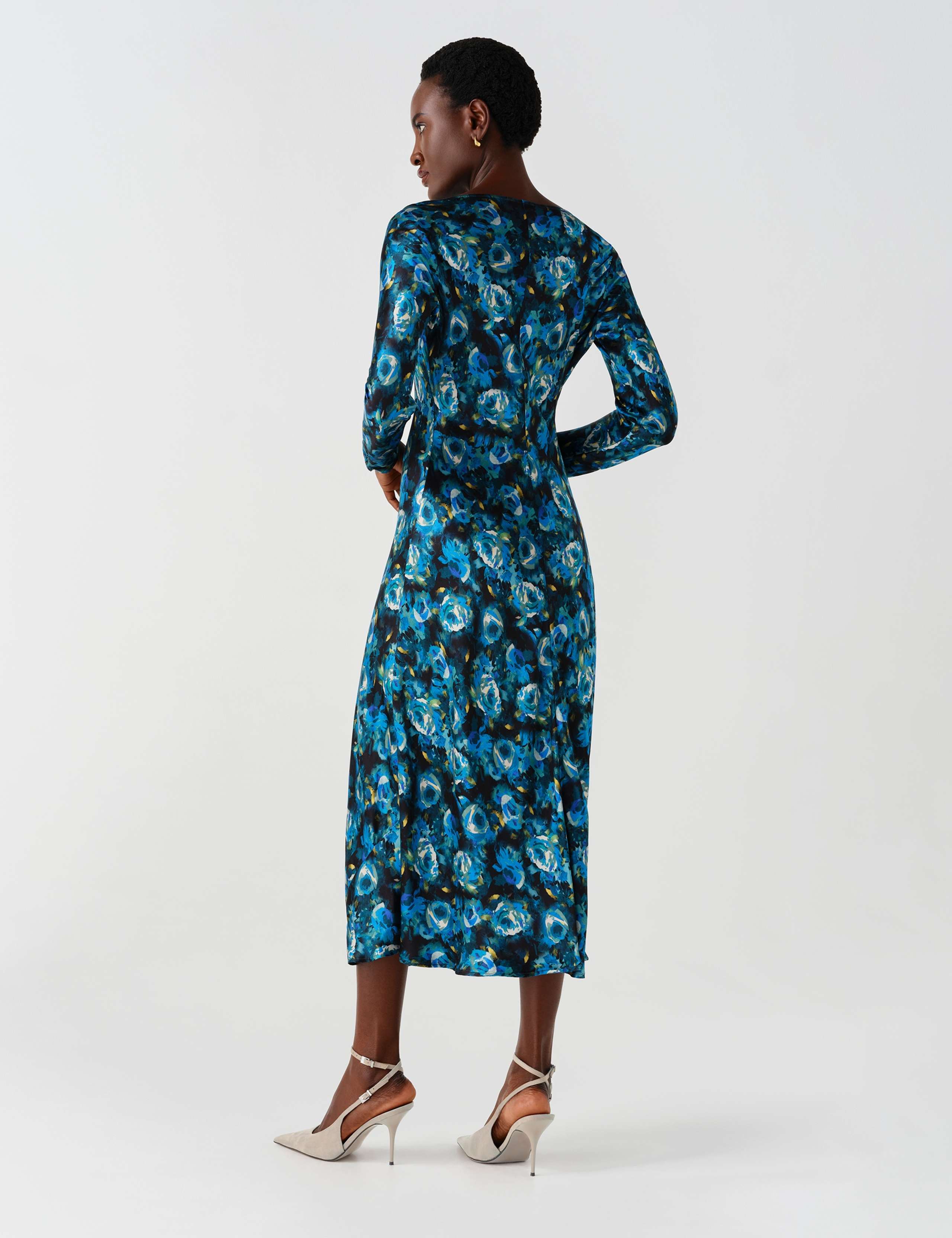Satin Floral Cowl Neck Midi Waisted Dress 6 of 9