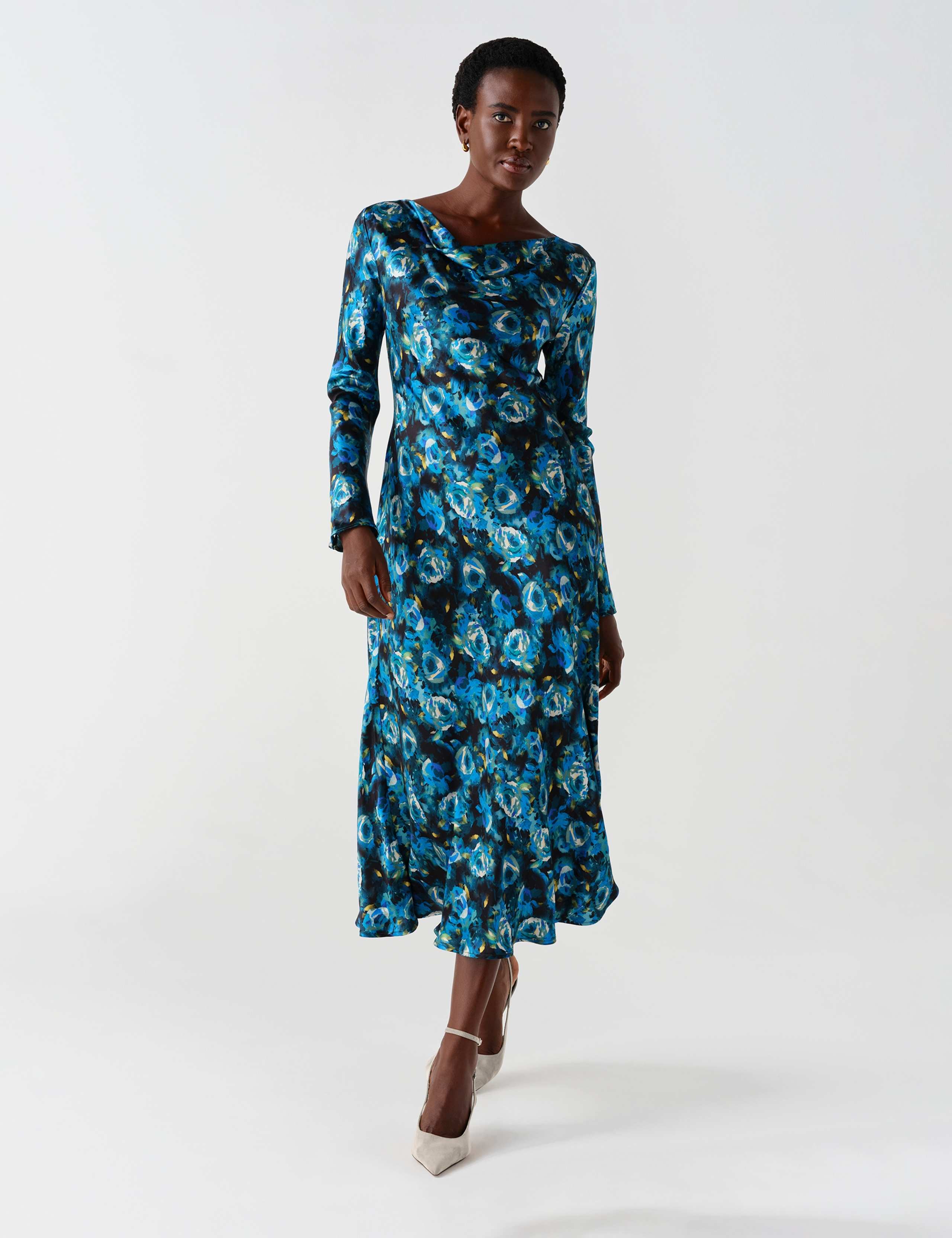 Satin Floral Cowl Neck Midi Waisted Dress 7 of 9