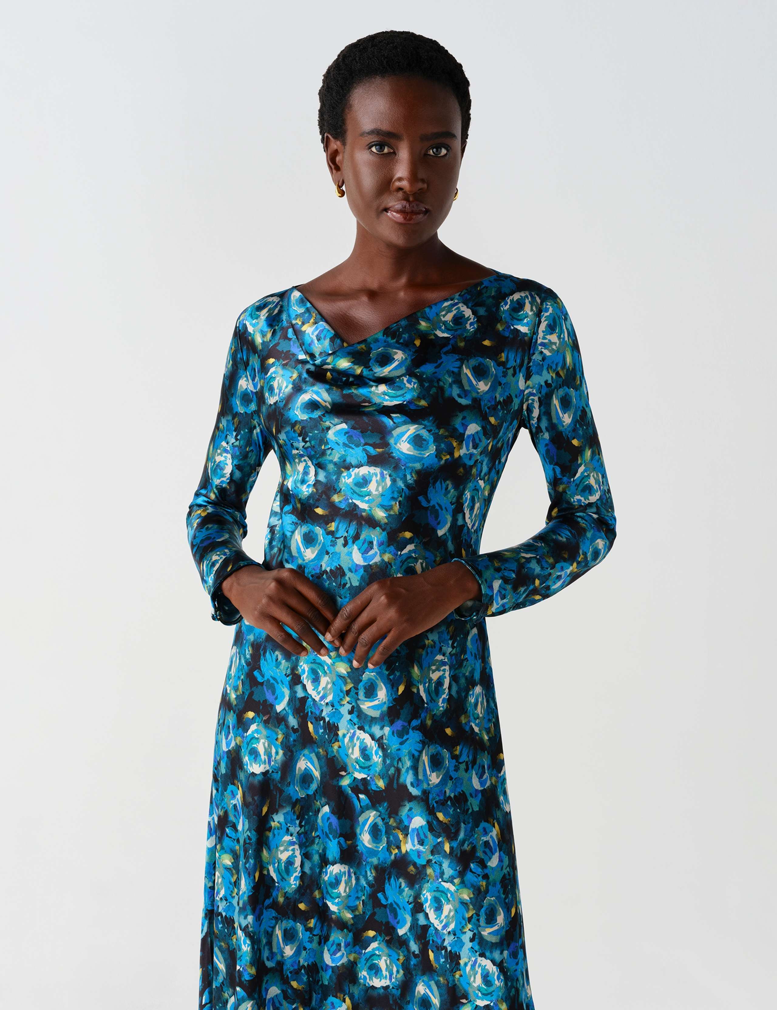 Satin Floral Cowl Neck Midi Waisted Dress 8 of 9