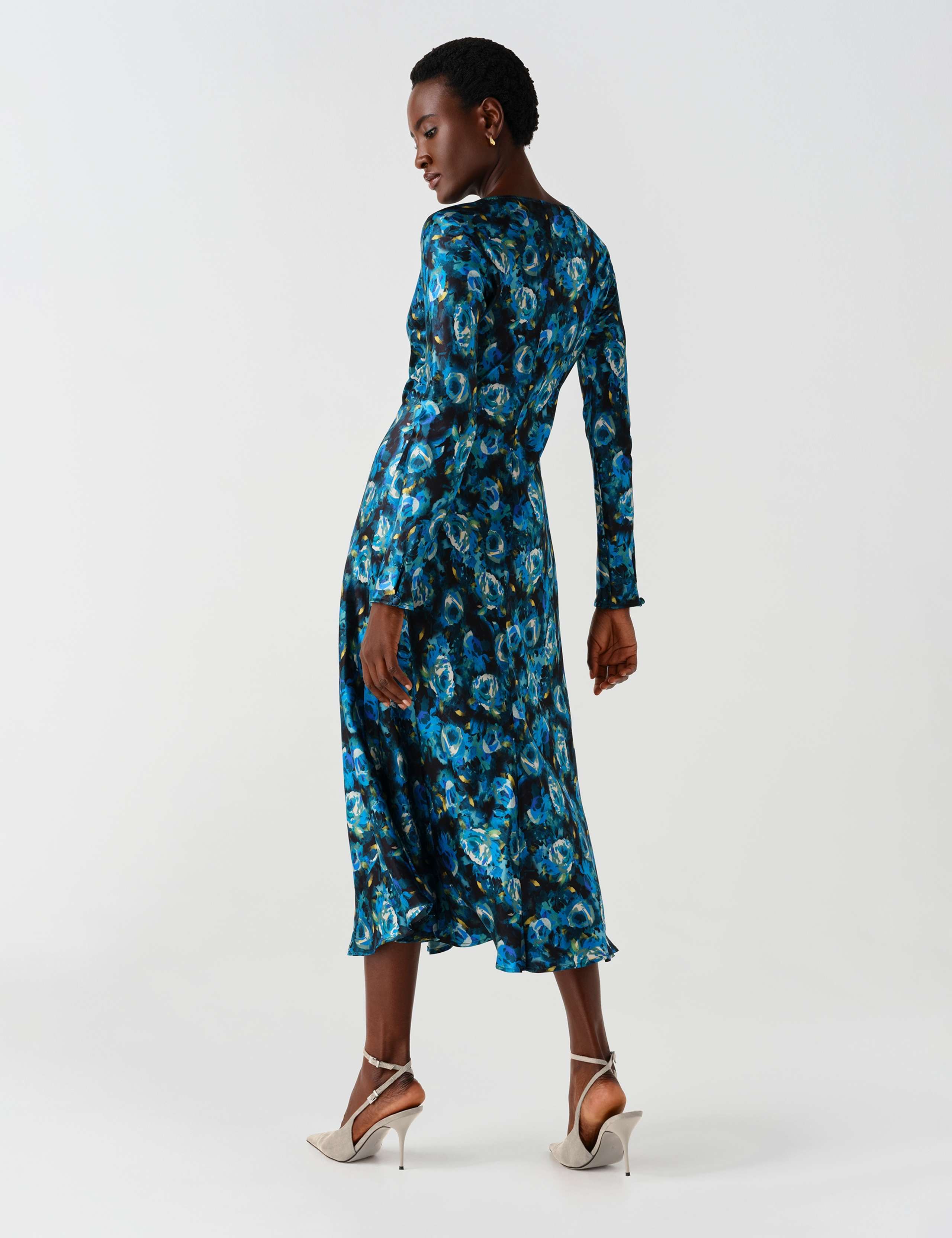 Satin Floral Cowl Neck Midi Waisted Dress 9 of 9