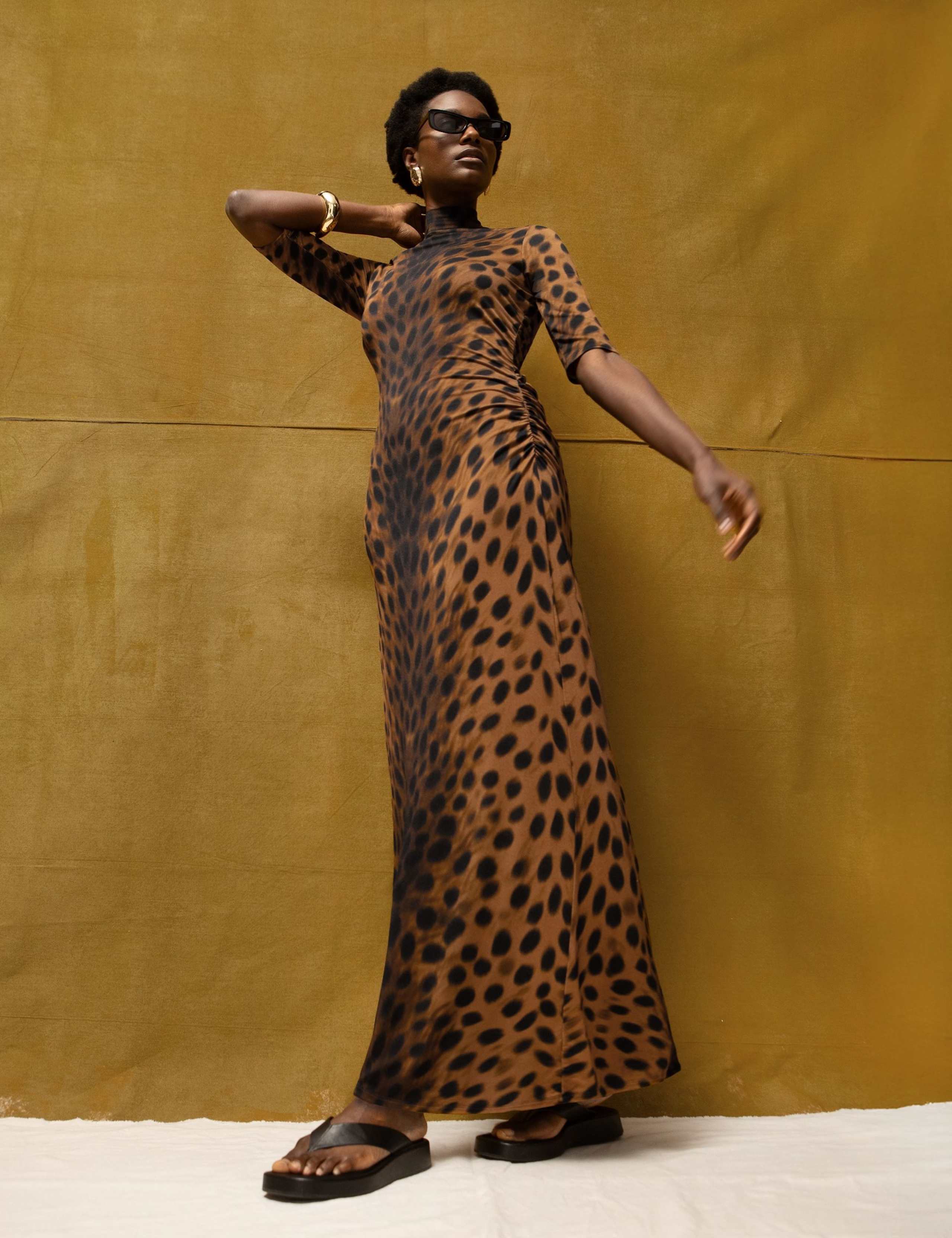 Leopard Print Mock Neck Ruched Maxi Dress 1 of 5