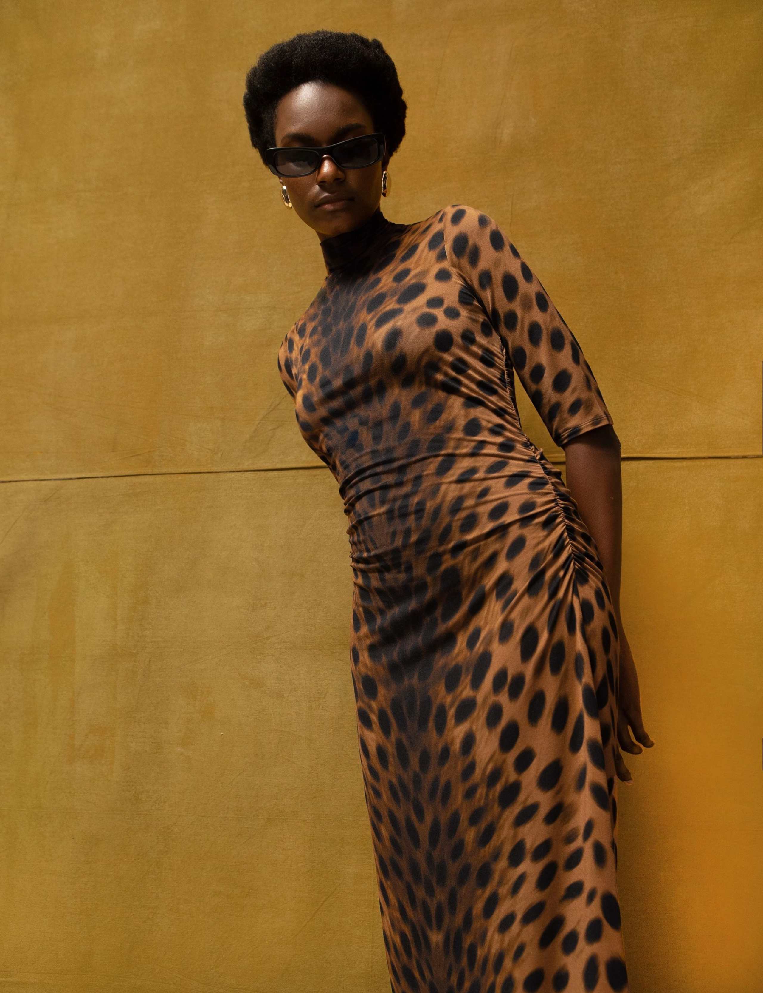 Leopard Print Mock Neck Ruched Maxi Dress 2 of 5