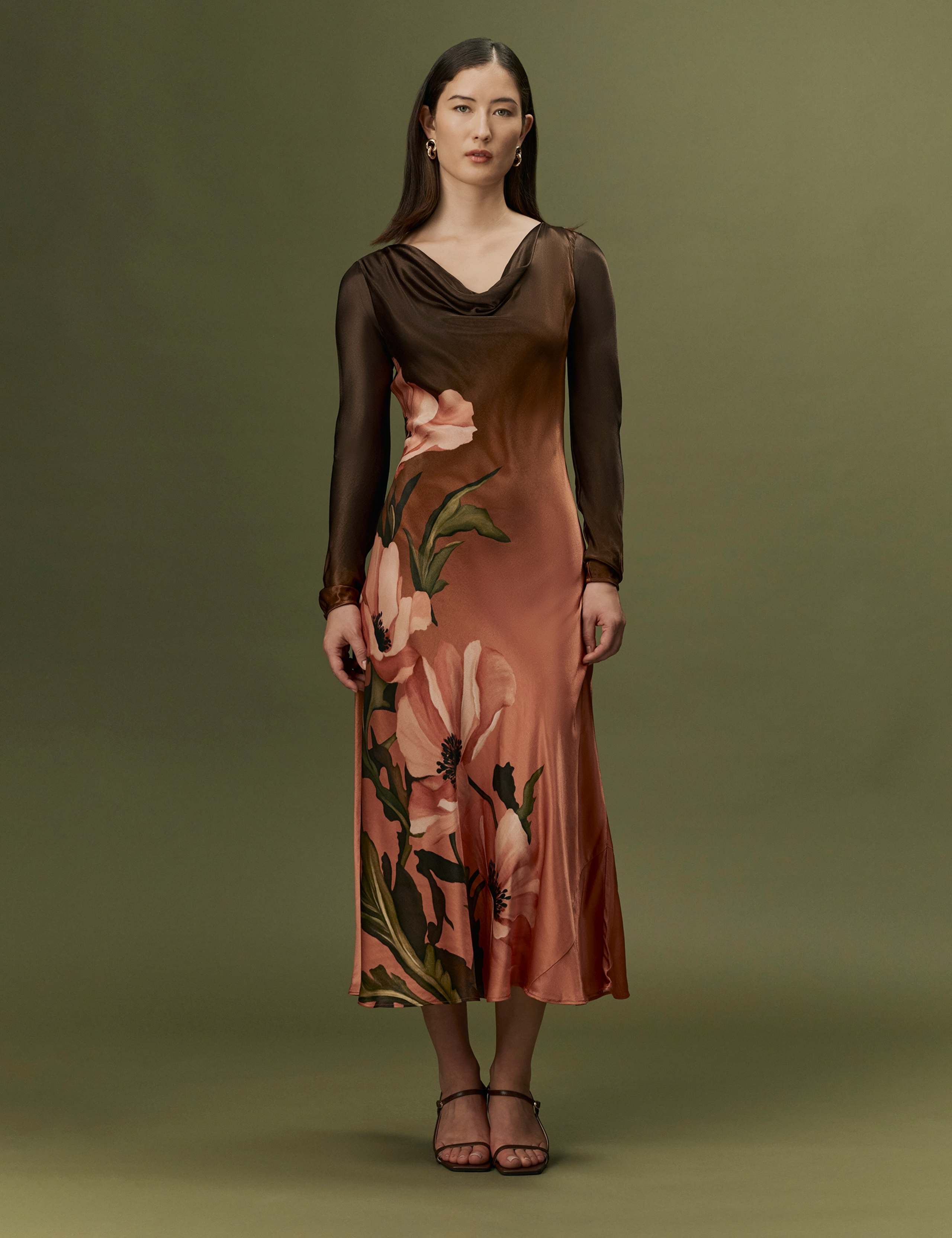 Satin Floral Cowl Neck Midi Waisted Dress 1 of 10
