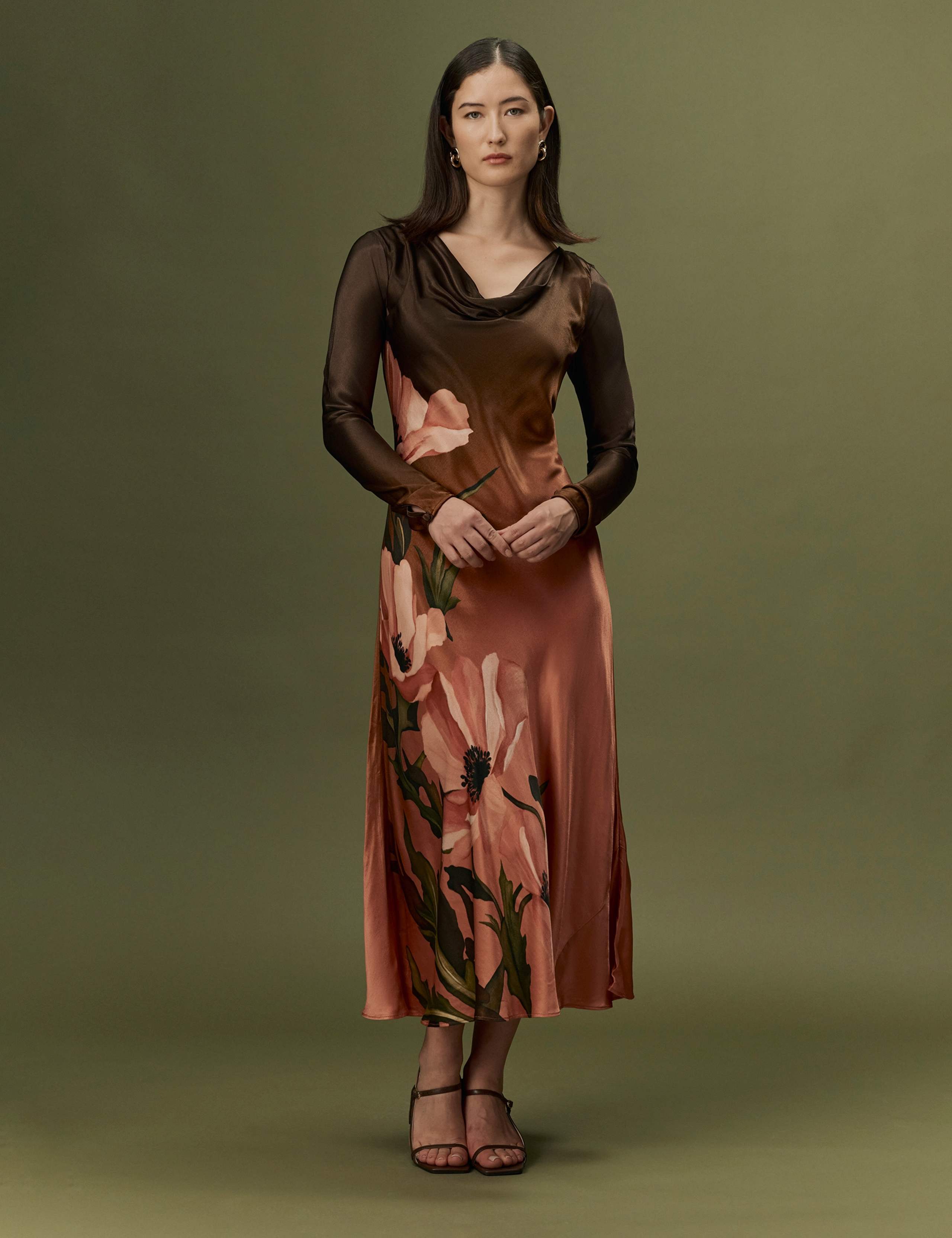 Satin Floral Cowl Neck Midi Waisted Dress 2 of 10