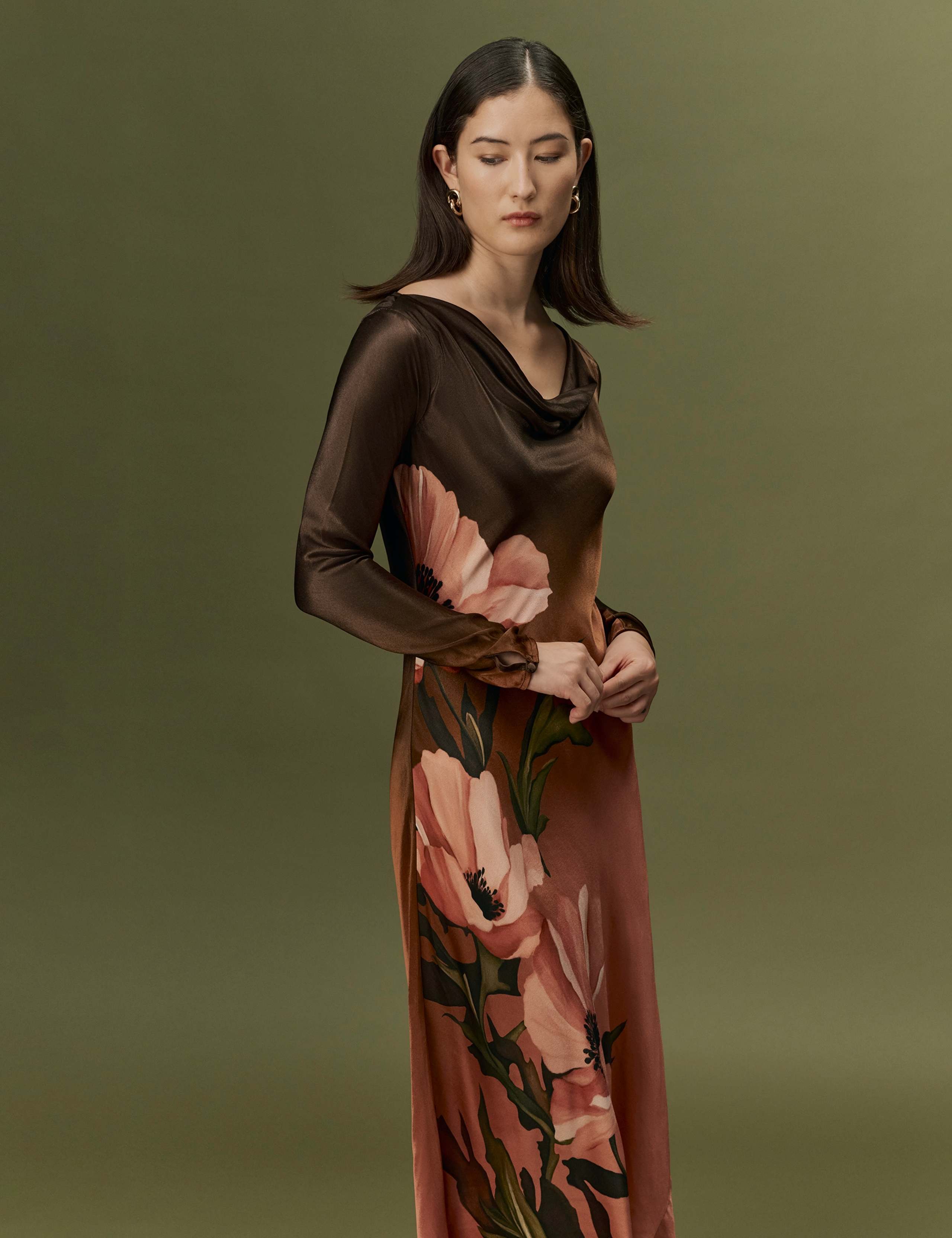 Satin Floral Cowl Neck Midi Waisted Dress 3 of 10