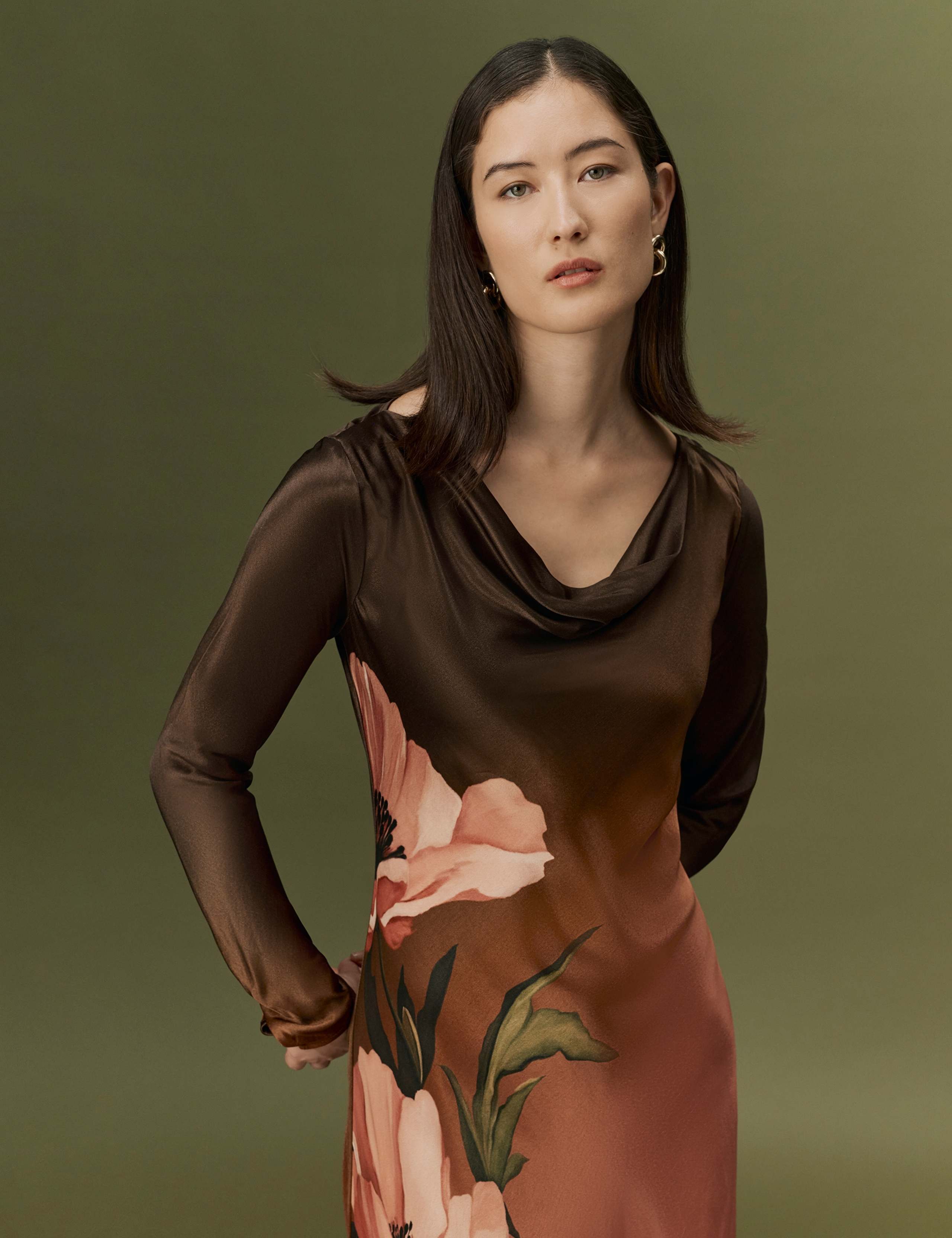 Satin Floral Cowl Neck Midi Waisted Dress 4 of 10