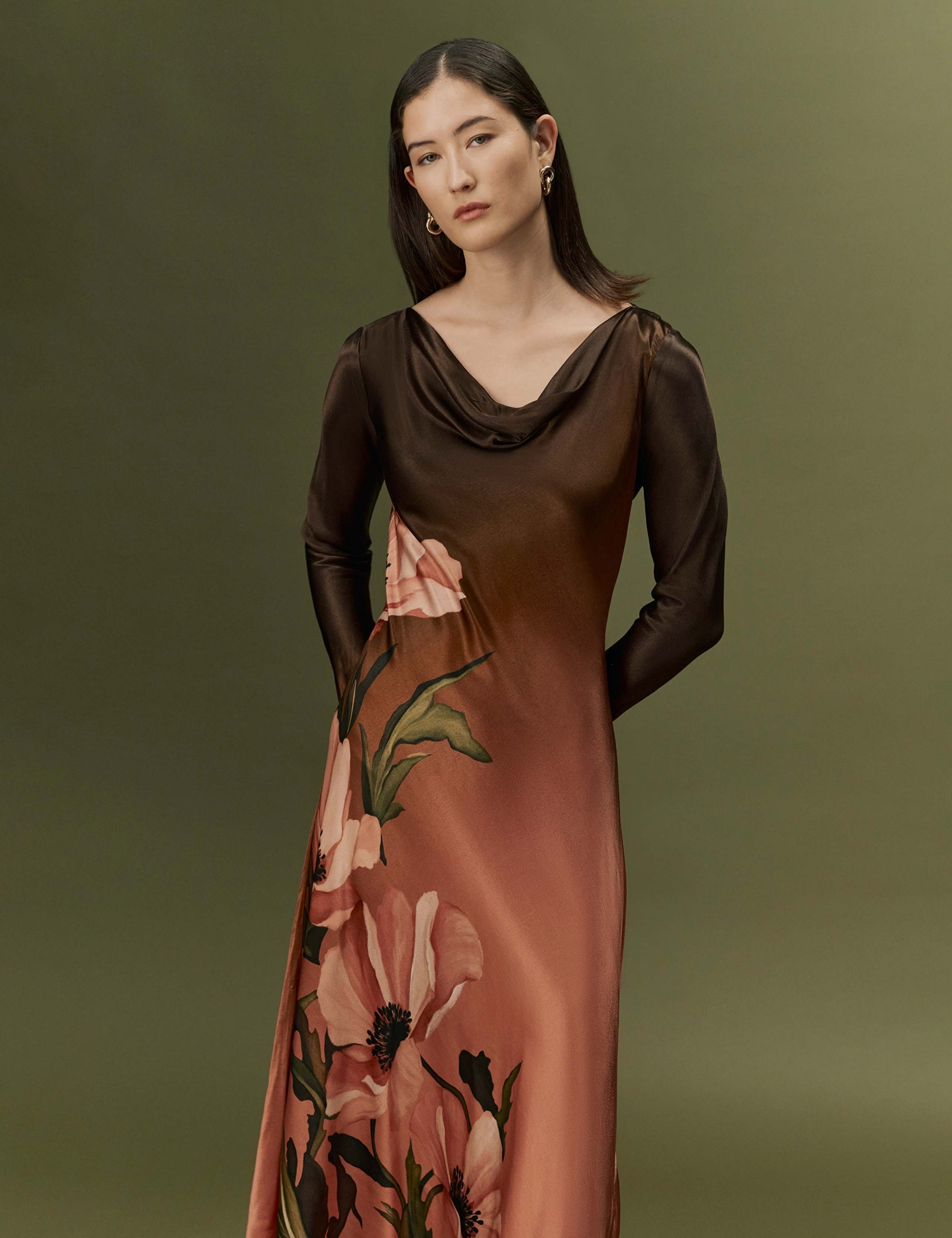 Satin Floral Cowl Neck Midi Waisted Dress 5 of 10