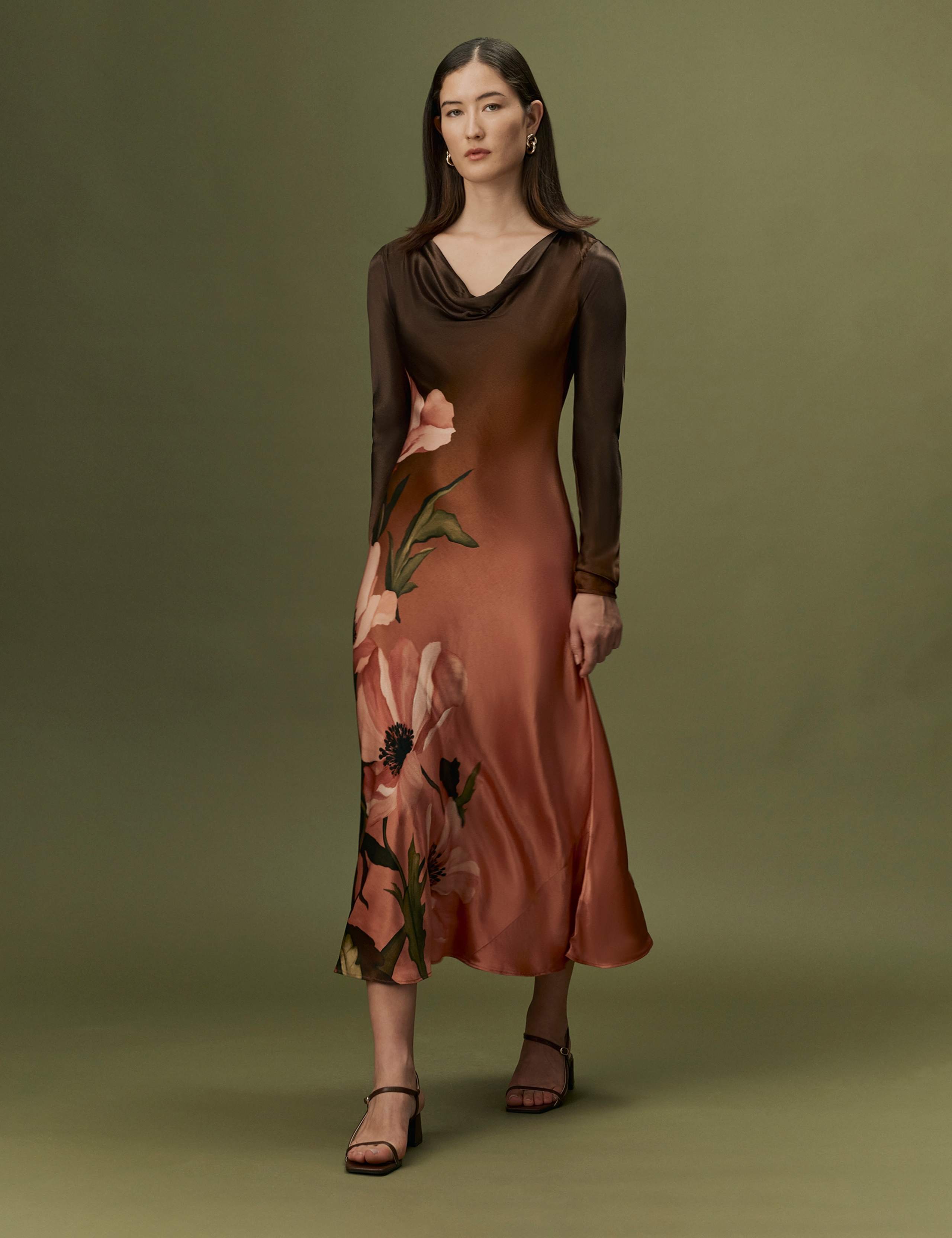 Satin Floral Cowl Neck Midi Waisted Dress 6 of 10