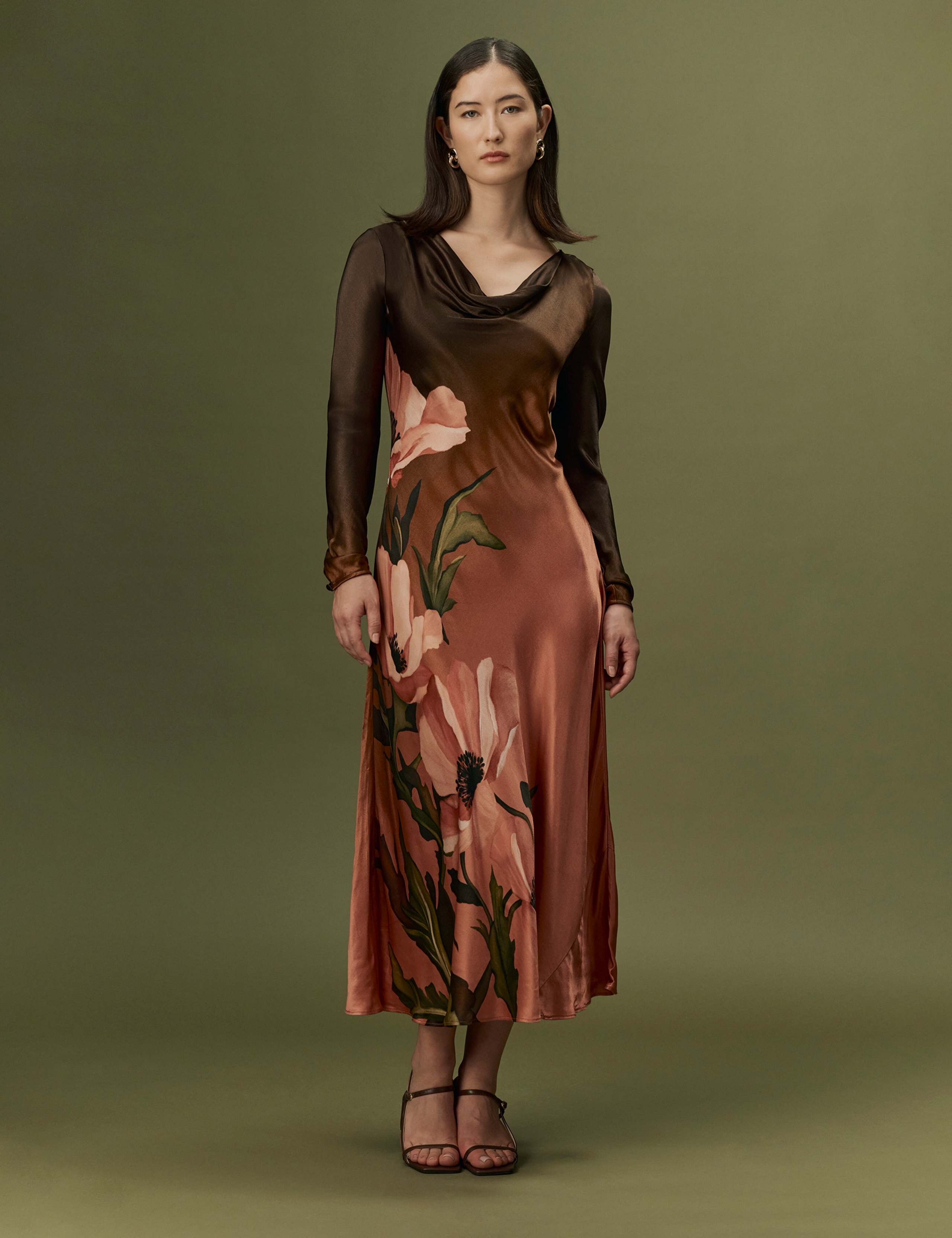 Satin Floral Cowl Neck Midi Waisted Dress 7 of 10